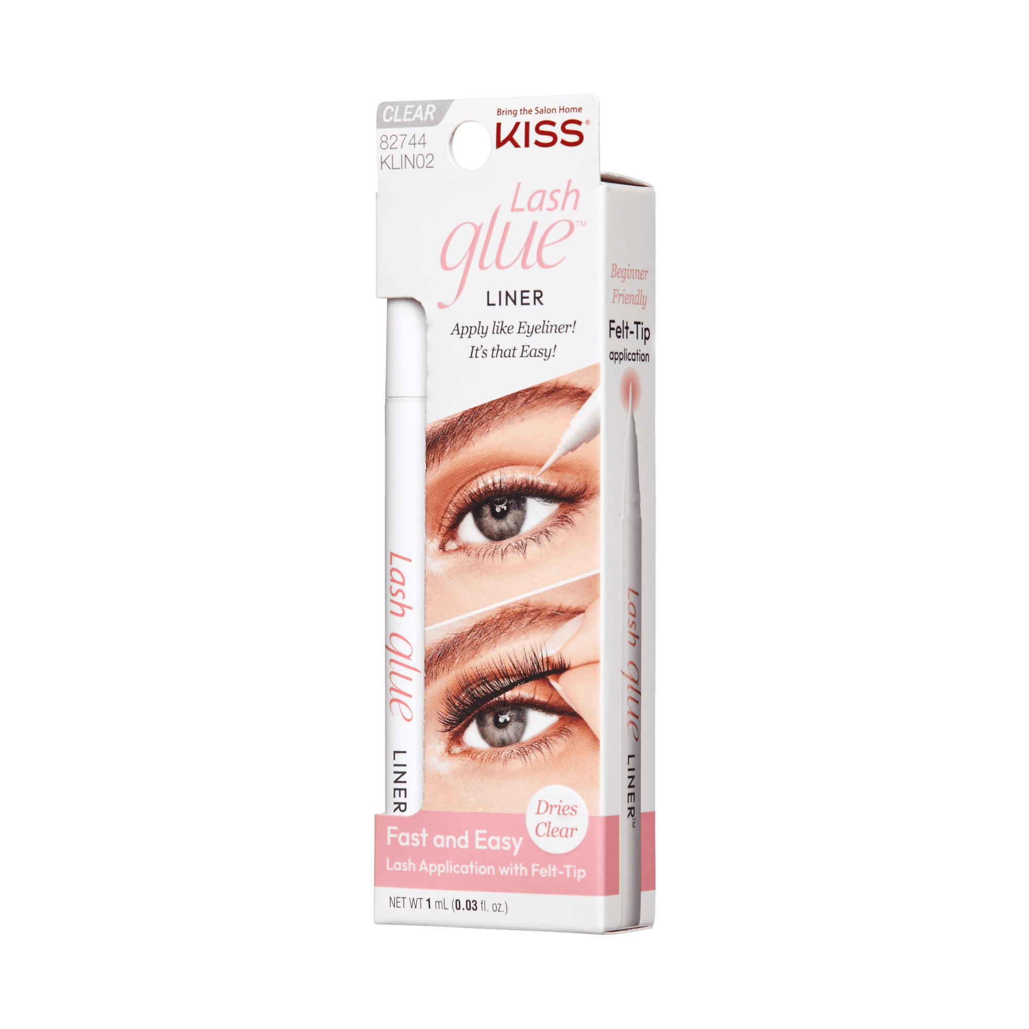 KISS Lash GLUEliner clear lash adhesive packaging showing white felt-tip applicator pen, eye close-ups demonstrating application, with text highlighting fast, easy, beginner-friendly use and dries clear.
