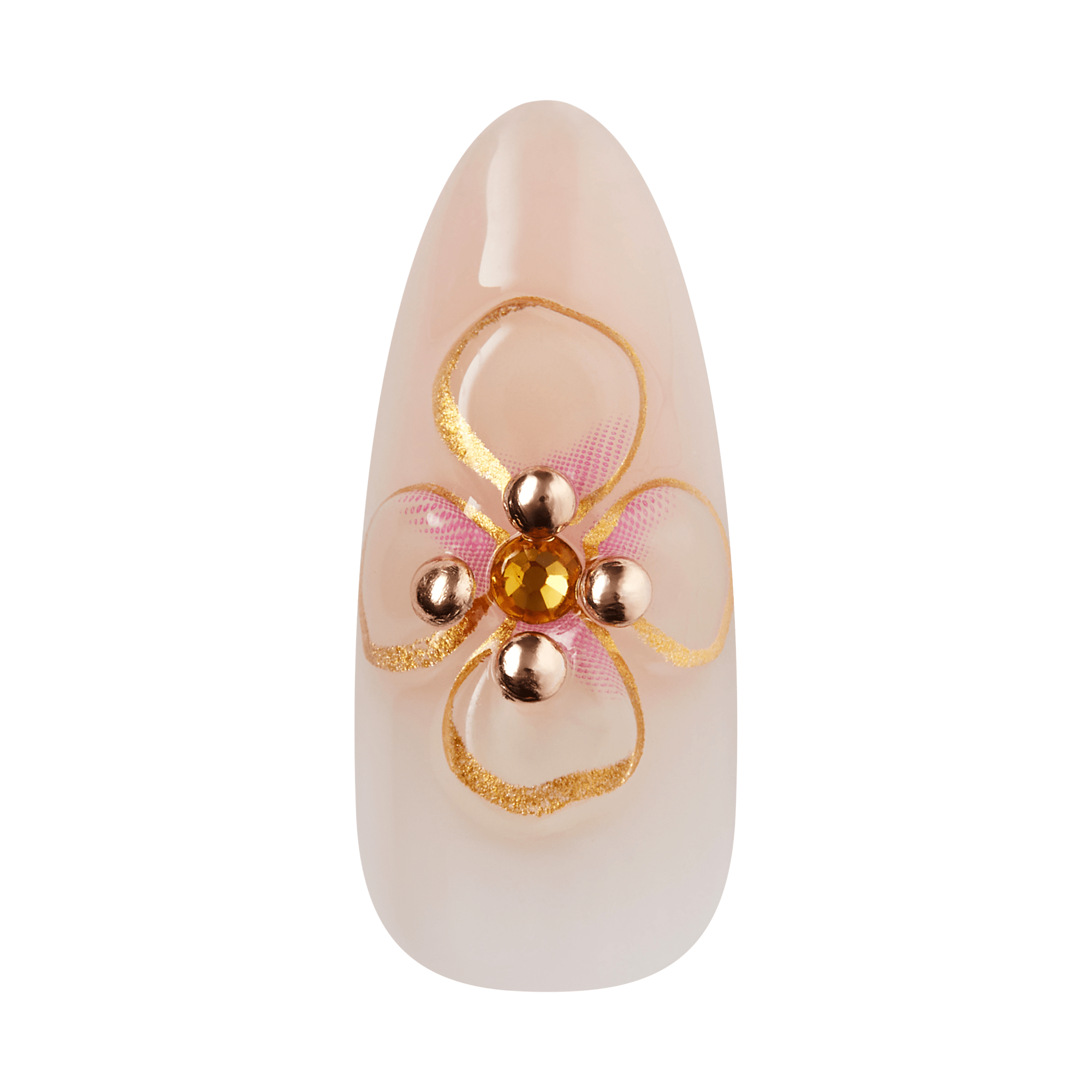 Almond-shaped nude nail with gold flower design and rose gold studs