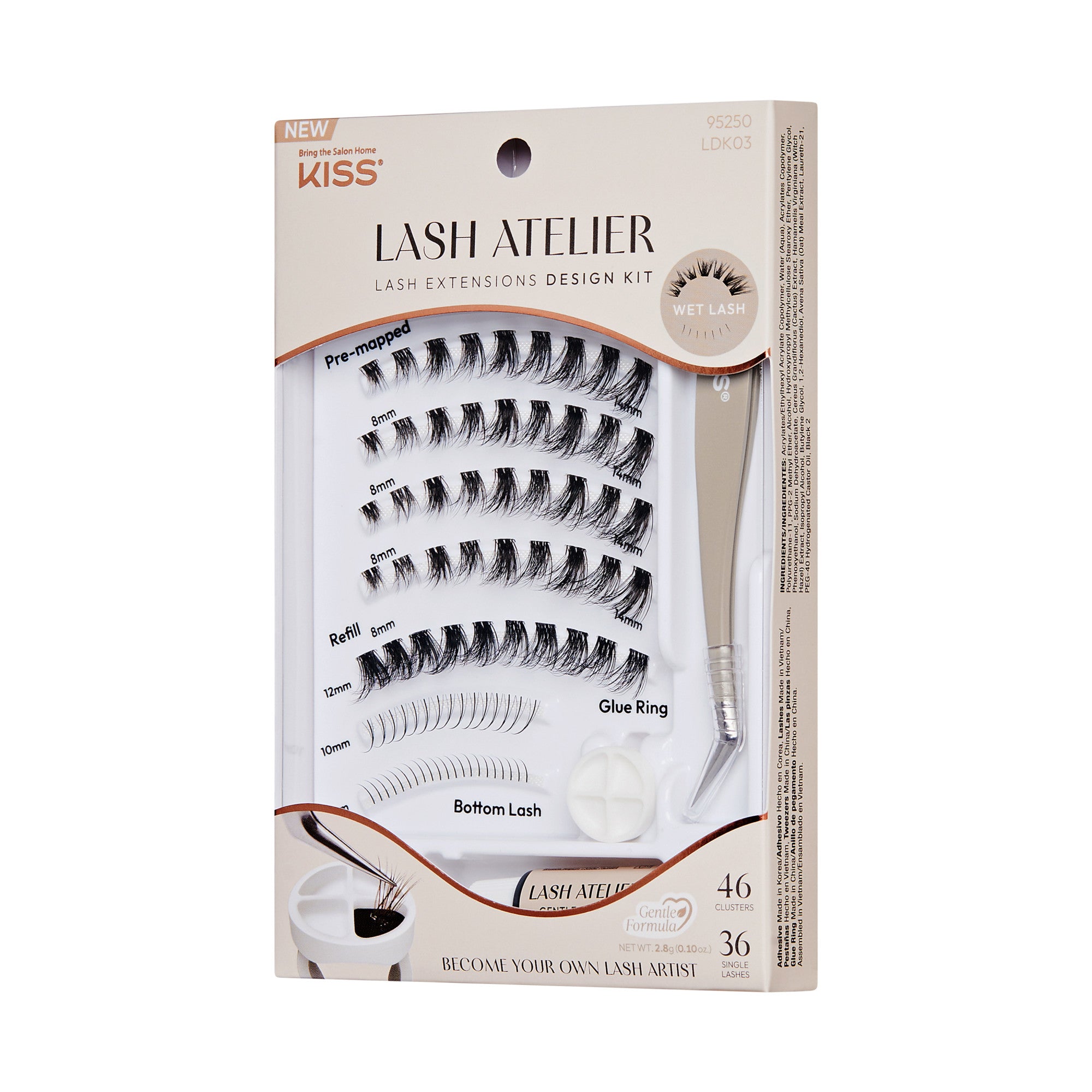 The image features a Lash Atelier Lash Extensions Design Kit by Kiss. The packaging showcases various components for applying lash extensions, including pre-popped lashes, refill lashes, bottom lashes, a glue ring, and a tool for application. The kit contains a total of 46 individual lashes, designed to help users create their own lash looks. The overall design is sleek and modern, emphasizing the ease of use for achieving professional-looking lashes at home.