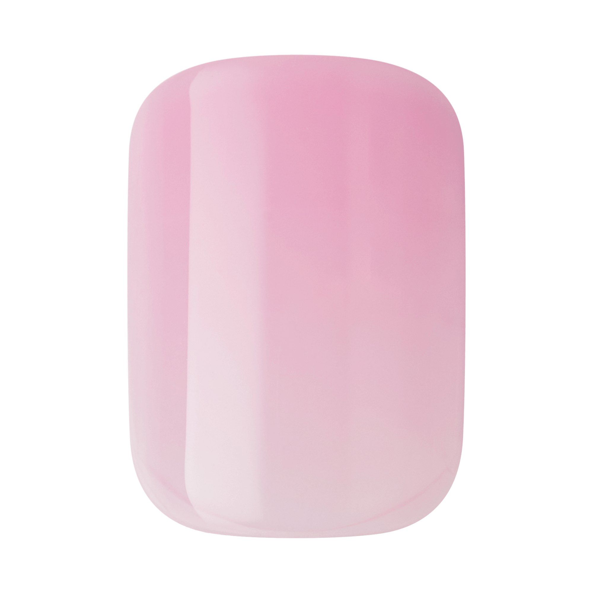 The image shows a single artificial nail with a glossy finish. The nail features a gradient design, transitioning smoothly from a light pink at the base to a slightly darker pink towards the tip. The surface of the nail is smooth and shiny, reflecting light to give it a polished appearance. The shape of the nail is rectangular with rounded edges.