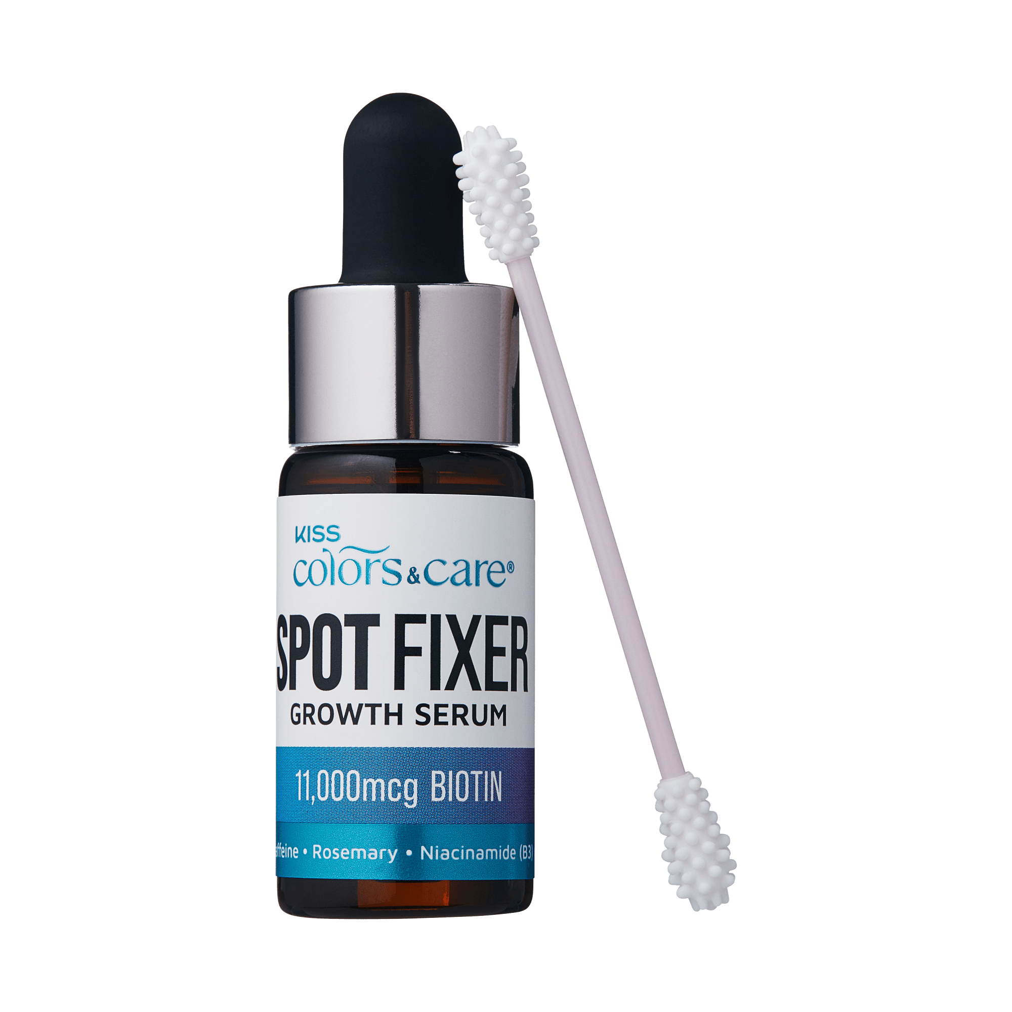 Small brown dropper bottle with silver cap labeled "Kiss Colors & Care Spot Fixer Growth Serum" featuring 11,000 mcg Biotin, shown with a dual-ended white applicator brush.