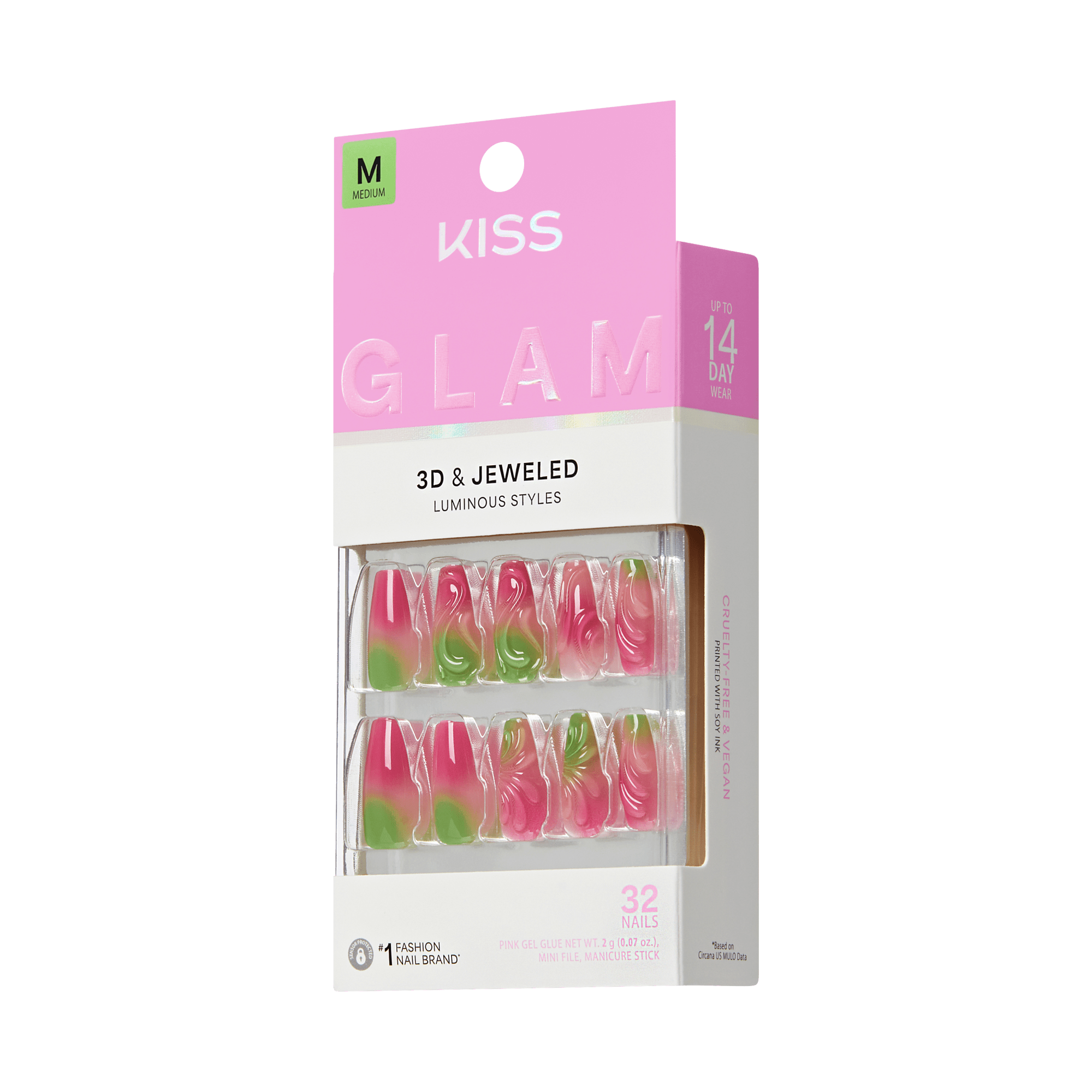 Kiss Glam 3D & Jeweled nail art packaging on a green background