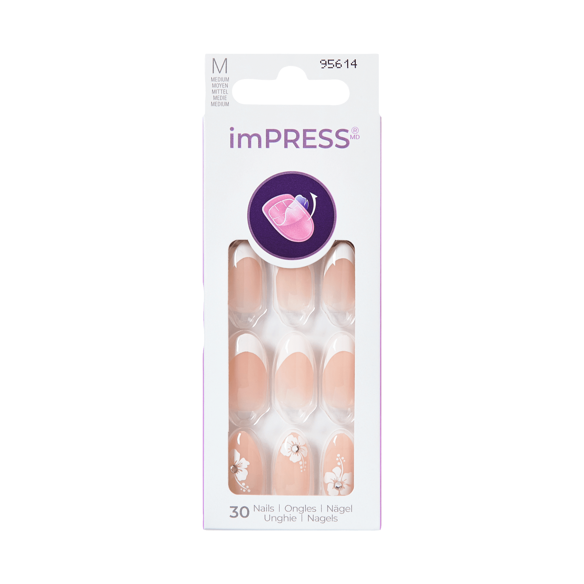 The image features a packaging of imPRESS press-on nails. The box contains 30 artificial nails in a medium size. The nails are designed with a nude base color and feature decorative elements, including floral patterns and a classic French tip style. The packaging is sleek and modern, with a circular logo at the top that includes a pink nail design. The overall aesthetic is stylish and appealing for those looking to enhance their manicure easily.