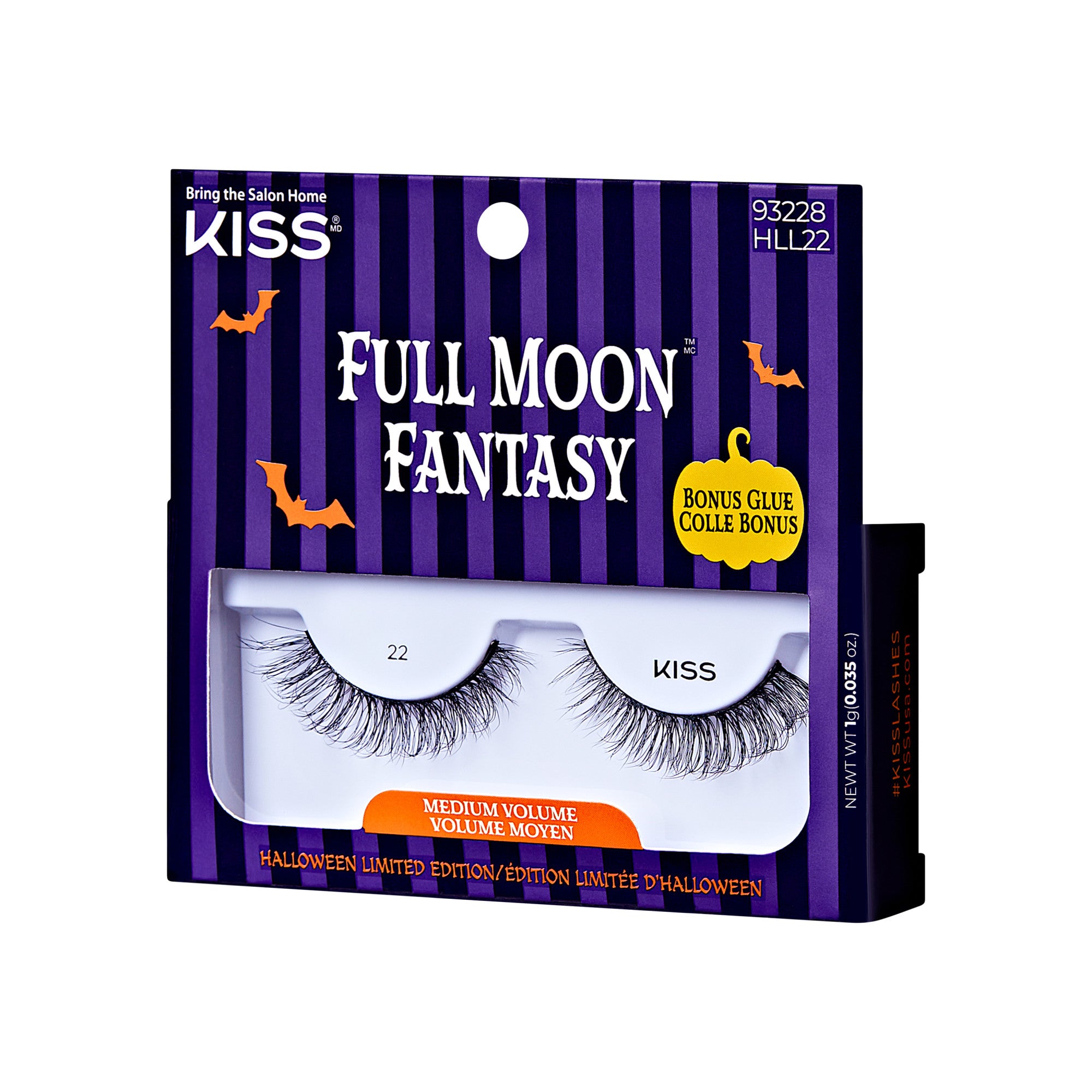 The image shows a package of false eyelashes from the brand "KISS." The product is named "Full Moon Fantasy" and is part of a Halloween limited edition. The packaging is predominantly purple with vertical black stripes and features Halloween-themed graphics such as bats and a pumpkin. The package includes a pair of medium volume false eyelashes, labeled as "22," and comes with a bonus glue. The product code "93228 HLL22" is also visible on the top right corner of the package.