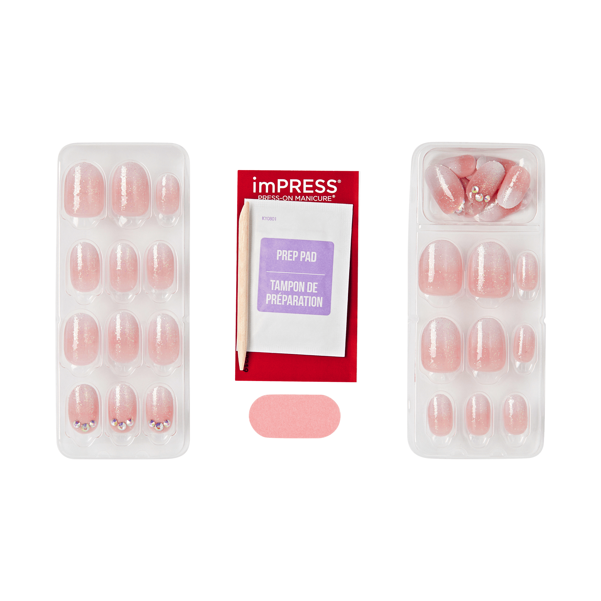 imPRESS Press-On Manicure nail sets with prep pad and application tools in pink glitter.