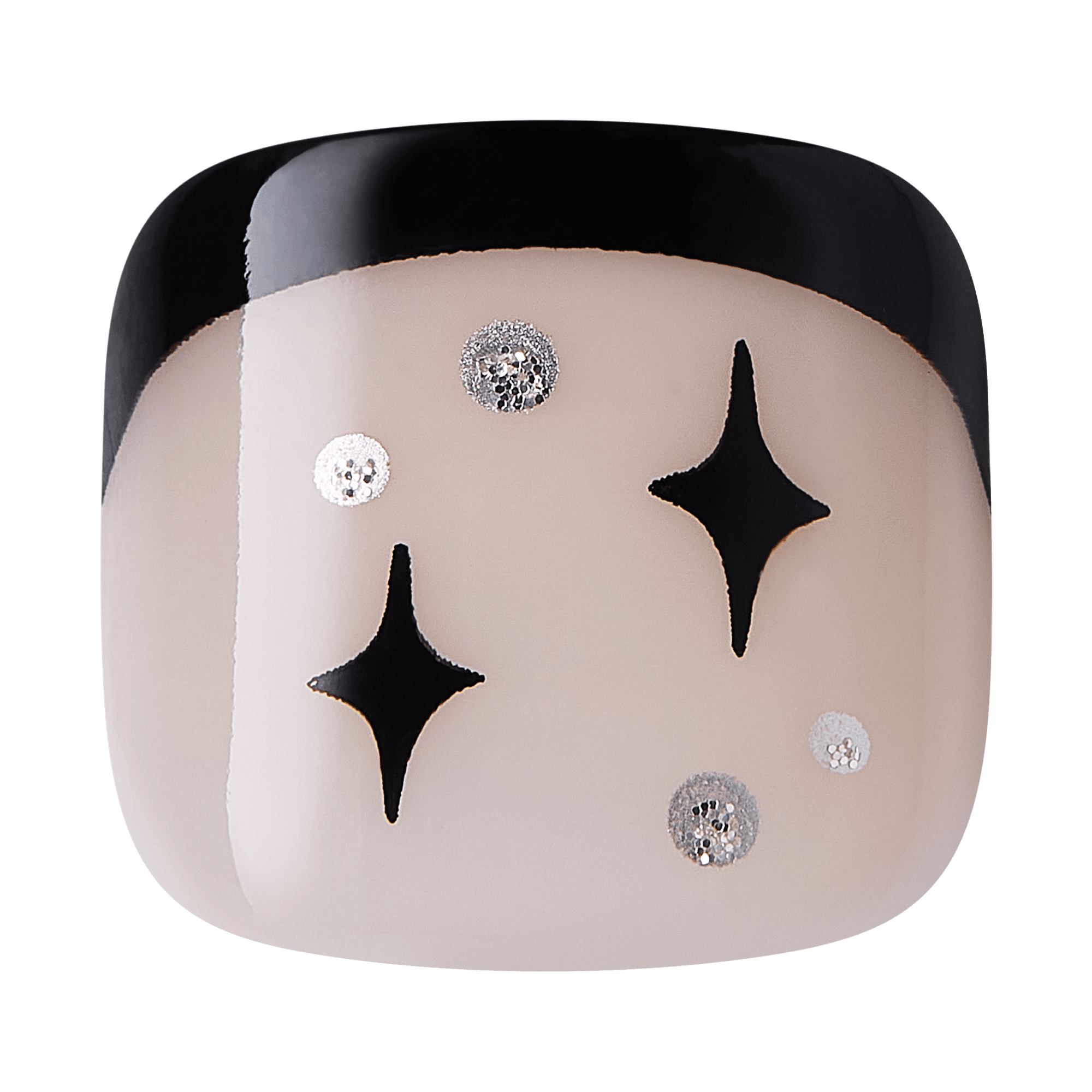 The image features a square-shaped object with a glossy finish. The top half is painted black, while the bottom half is a soft, pale color. Adorning the surface are several decorative elements, including three black star shapes and a few shiny silver dots, which add a touch of sparkle and contrast to the overall design. The combination of colors and shapes gives it a modern and stylish appearance.