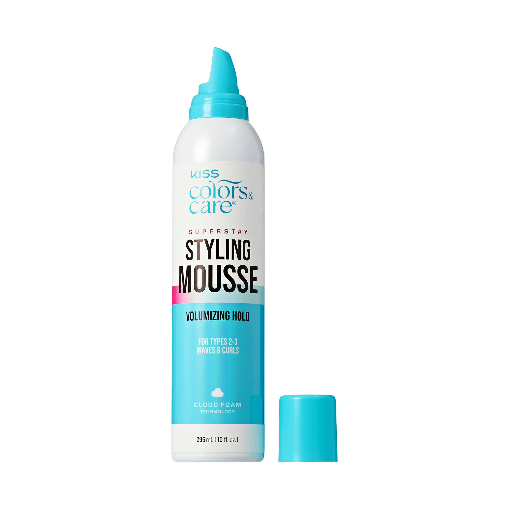 Kiss Colors & Care Styling Mousse bottle with blue cap on a green background