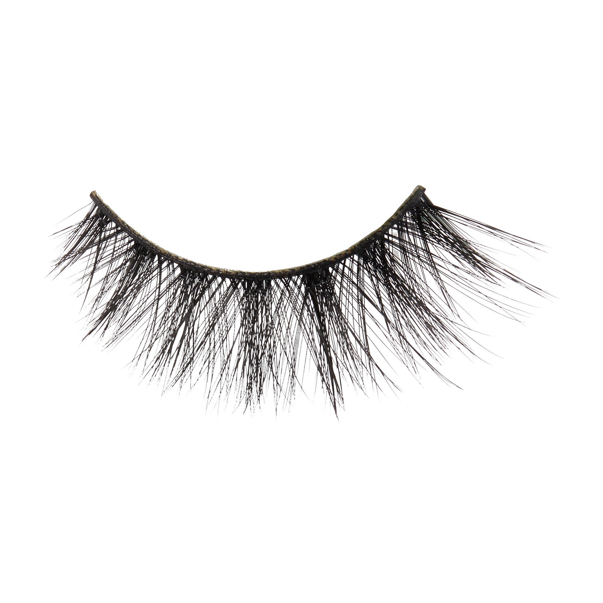 Black false eyelash with crisscrossed, wispy strands tapering at the ends, designed to enhance volume and curl for a dramatic eye look.