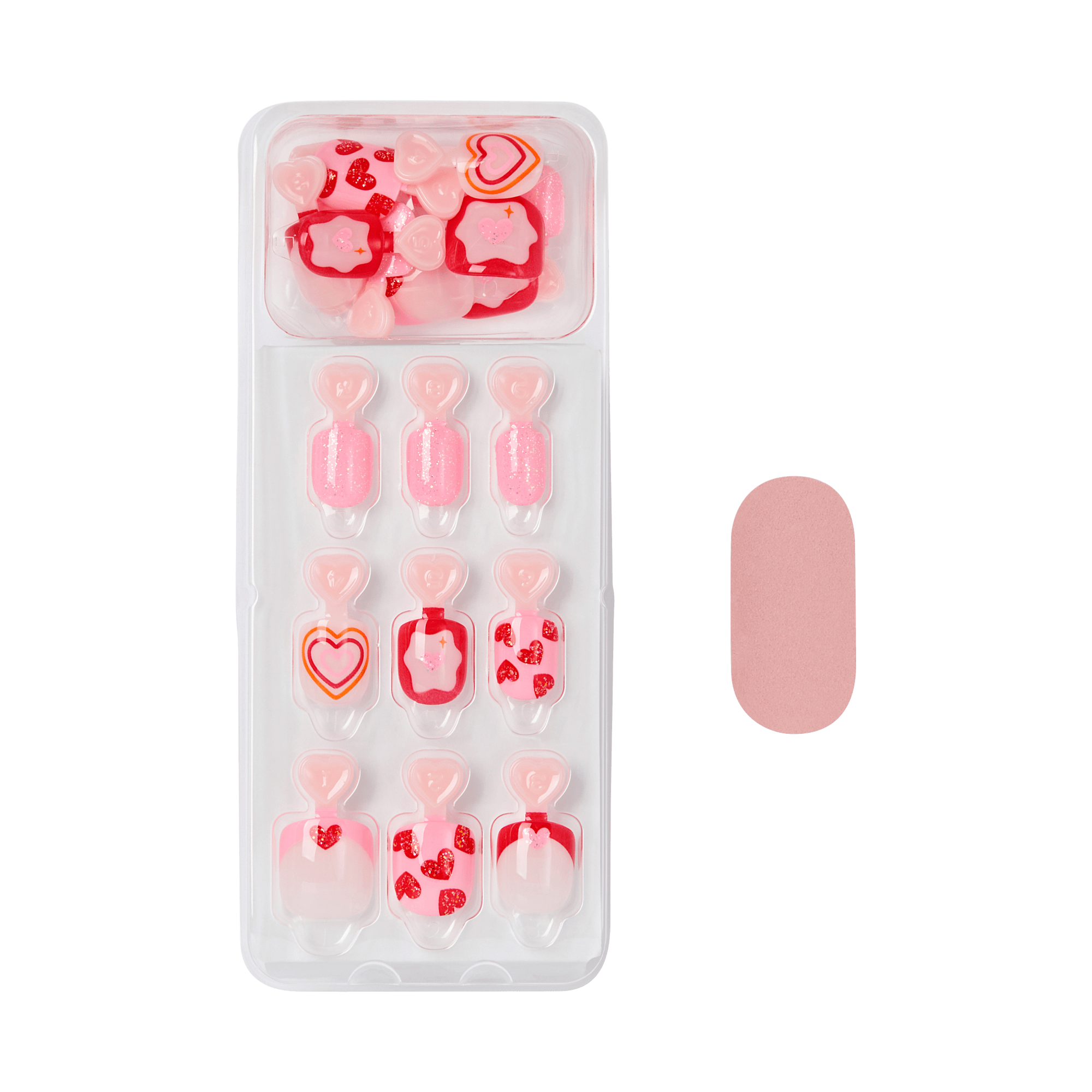 Press-on nail set with pink and red heart designs, includes application tools.