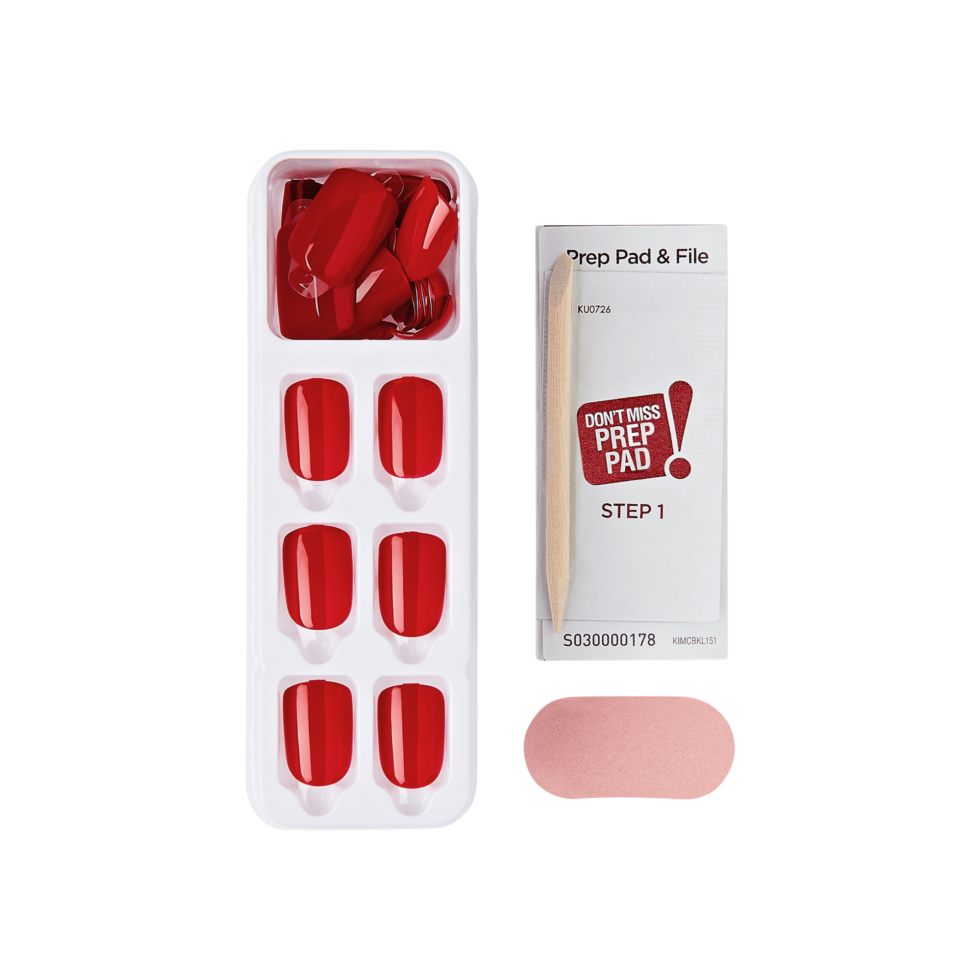 The image shows a set of red press-on nails along with some accessories for application. The set includes:
1. A white tray containing multiple red press-on nails of various sizes.
2. A small rectangular box labeled "Prep Pad & File" with the instruction "STEP 1" and a red exclamation mark with the text "DON&