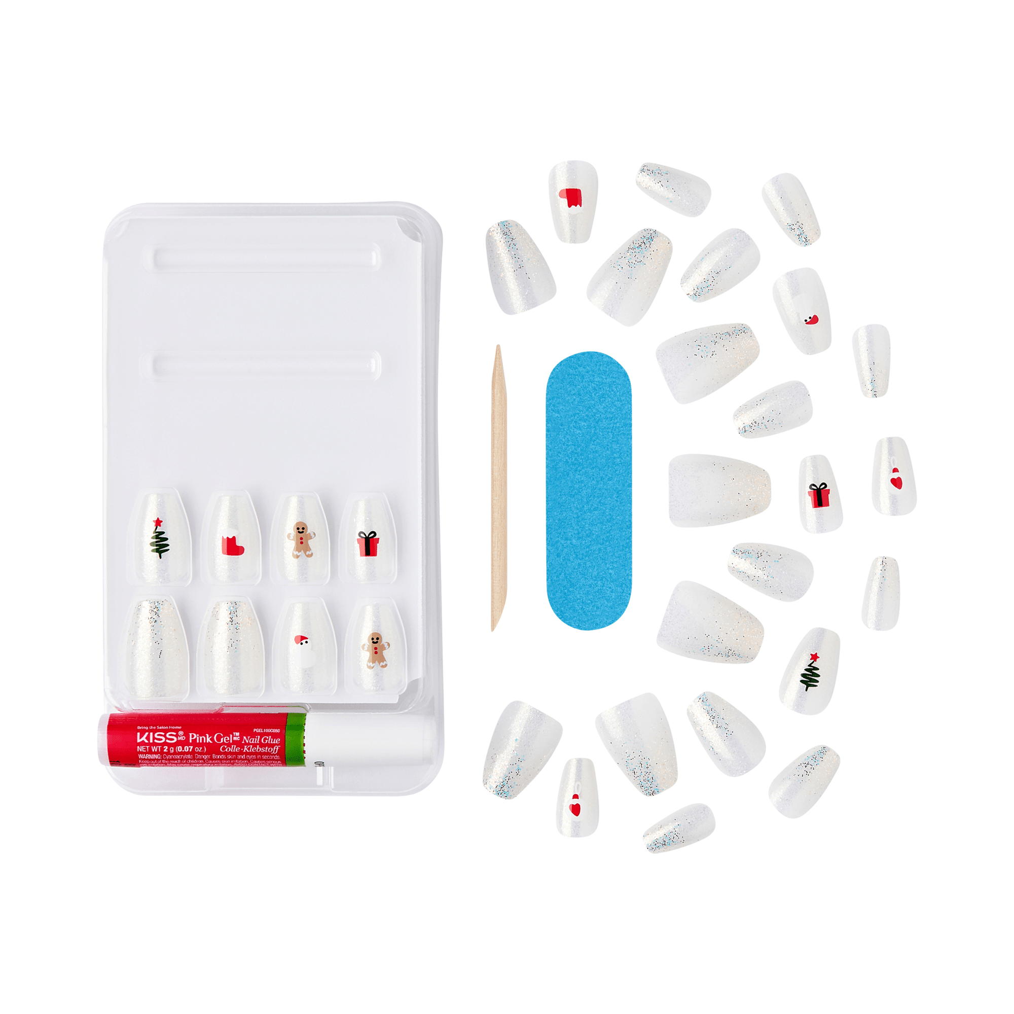 The image shows a set of artificial nails designed for a festive occasion, likely Christmas. The set includes multiple nails of varying sizes, each with a white base color. Some of the nails are decorated with holiday-themed designs, such as Christmas trees, gingerbread men, and gift boxes. The set also includes a small wooden cuticle stick, a blue nail file, and a small tube of pink gel nail glue. The nails and accessories are arranged neatly, with the decorated nails prominently displayed.