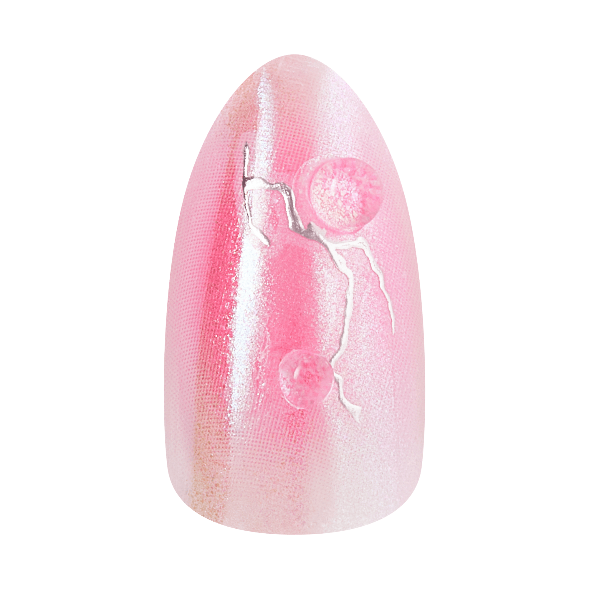 Pink glitter nail with floral branch design and two roses