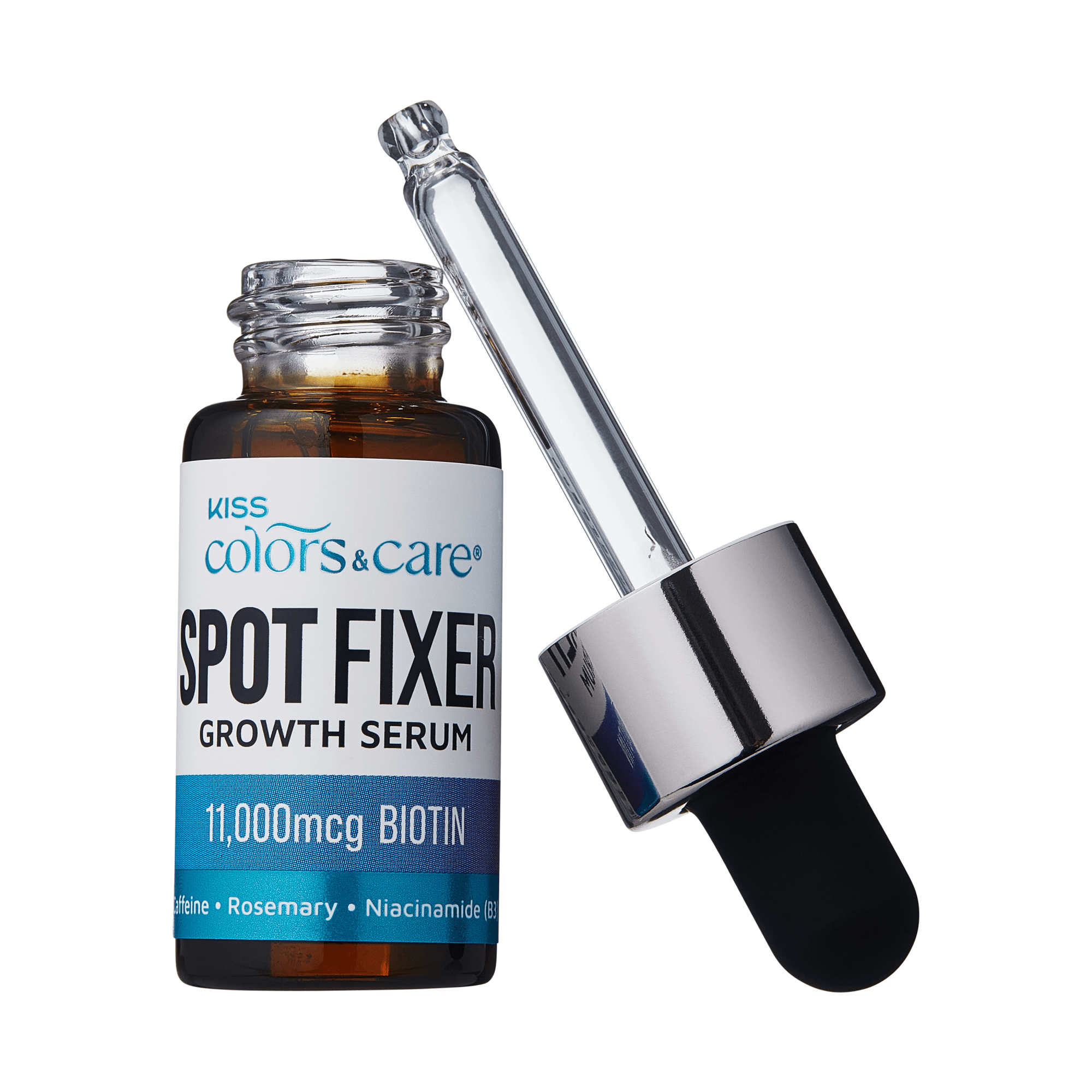 Amber glass bottle of Kiss Colors & Care Spot Fixer Growth Serum with dropper, labeled with 11,000 mcg biotin and ingredients like caffeine, rosemary, and niacinamide.