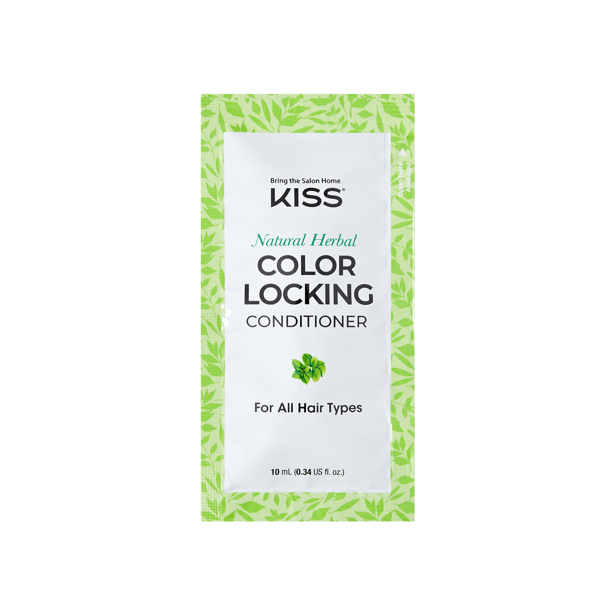 KISS Natural Herbal Color Locking Conditioner sachet with green leaf border, labeled for all hair types, 10 mL size.