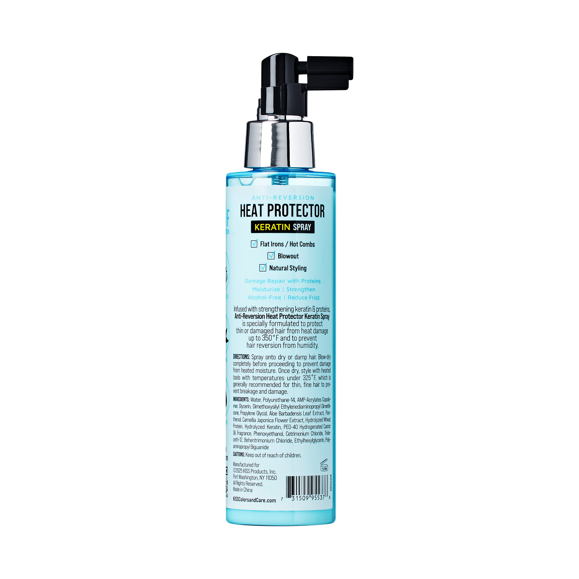 Tall blue bottle with black and silver spray nozzle labeled "Heat Protector Keratin Spray," protects hair from heat up to 350°F with damage repair and frizz reduction.