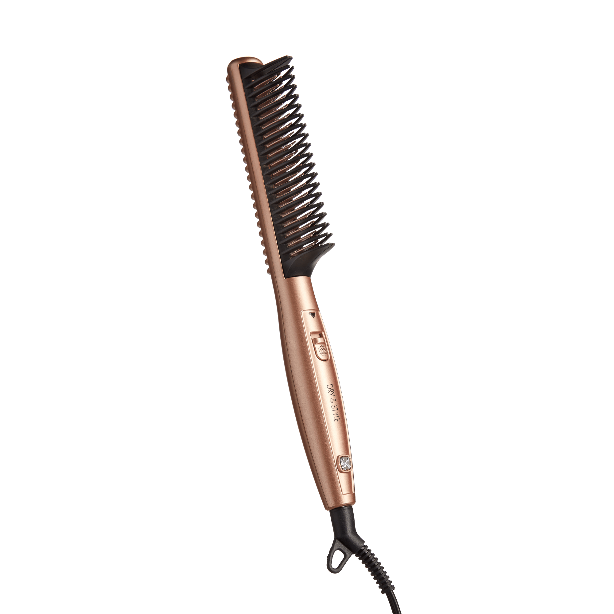The image shows a hair styling tool, specifically a heated hair straightening comb. The device has a sleek, metallic rose gold finish. The comb teeth are black and appear to be made of a heat-resistant material. There is a power button and an LED indicator light on the handle, which is ergonomically designed for easy grip. The device is connected to a power cord, which has a loop at the end for hanging storage. The overall design is modern and functional, intended for straightening and styling hair.