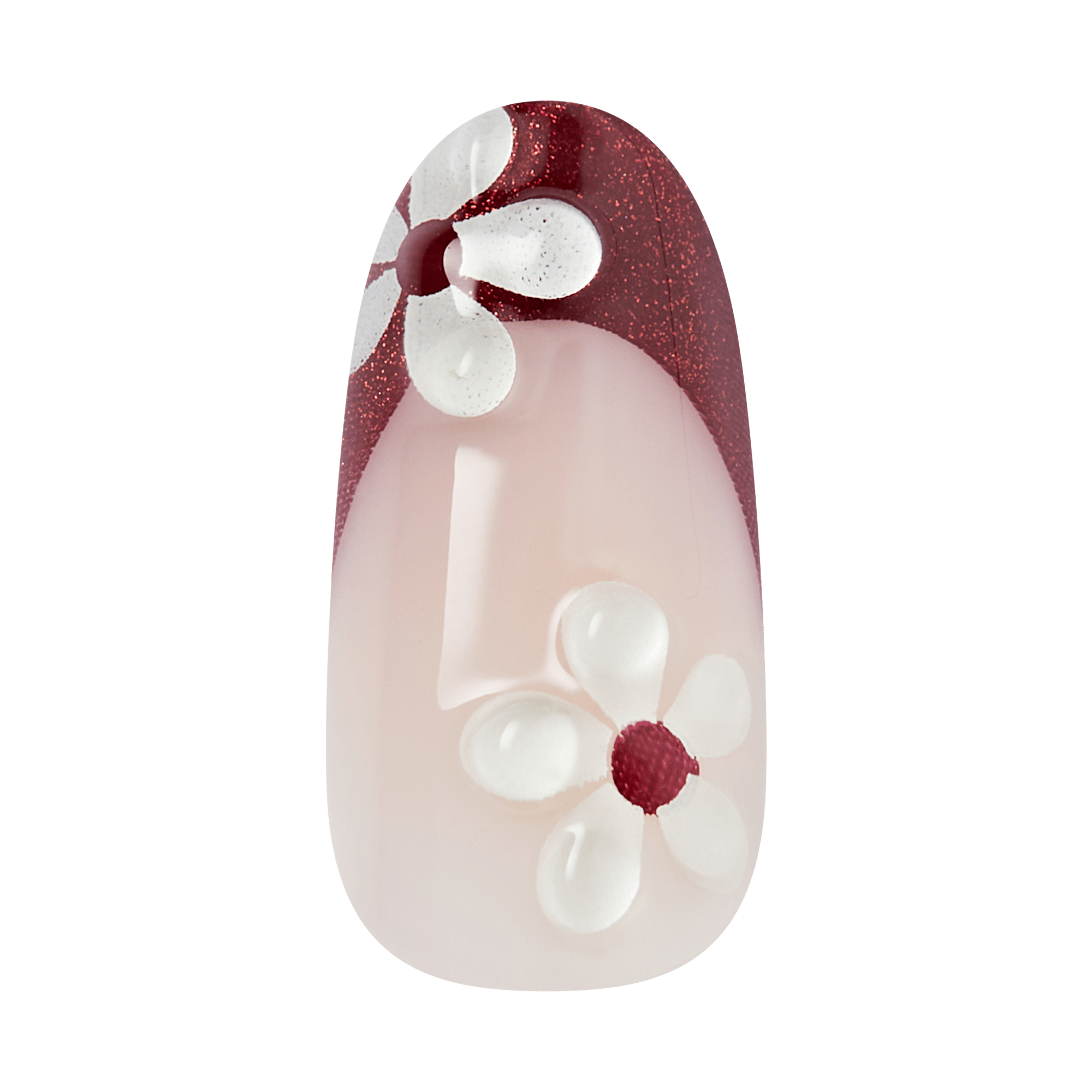 Burgundy and nude nail art with white floral designs and glitter accents.