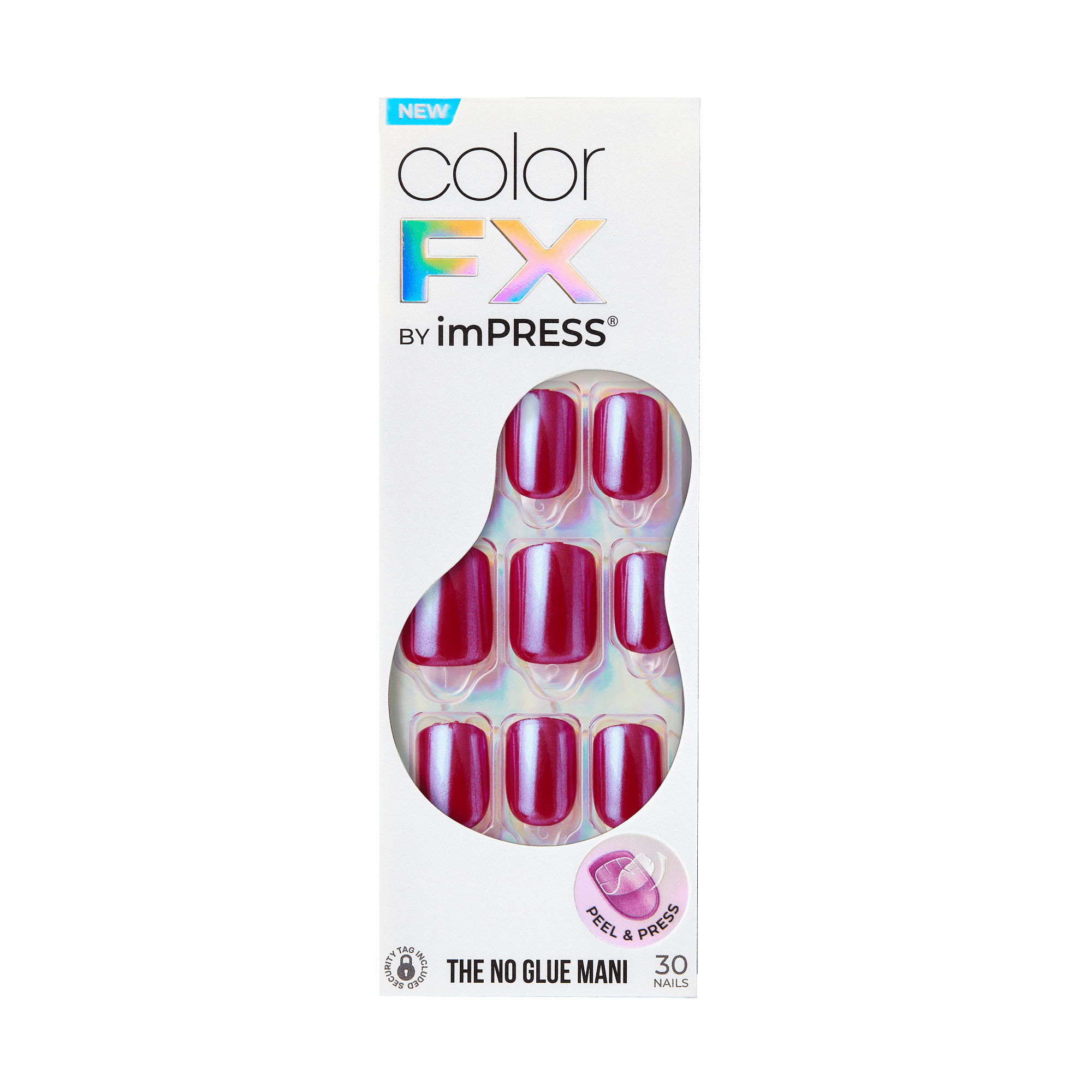 The image shows a product package for "Color FX by imPRESS." The package contains 30 artificial nails, which are displayed through a transparent window in the packaging. The nails are a vibrant red color. The packaging highlights that this is a "No Glue Mani" and includes a "Peel & Press" feature for easy application. The background of the packaging is white with colorful, holographic accents.