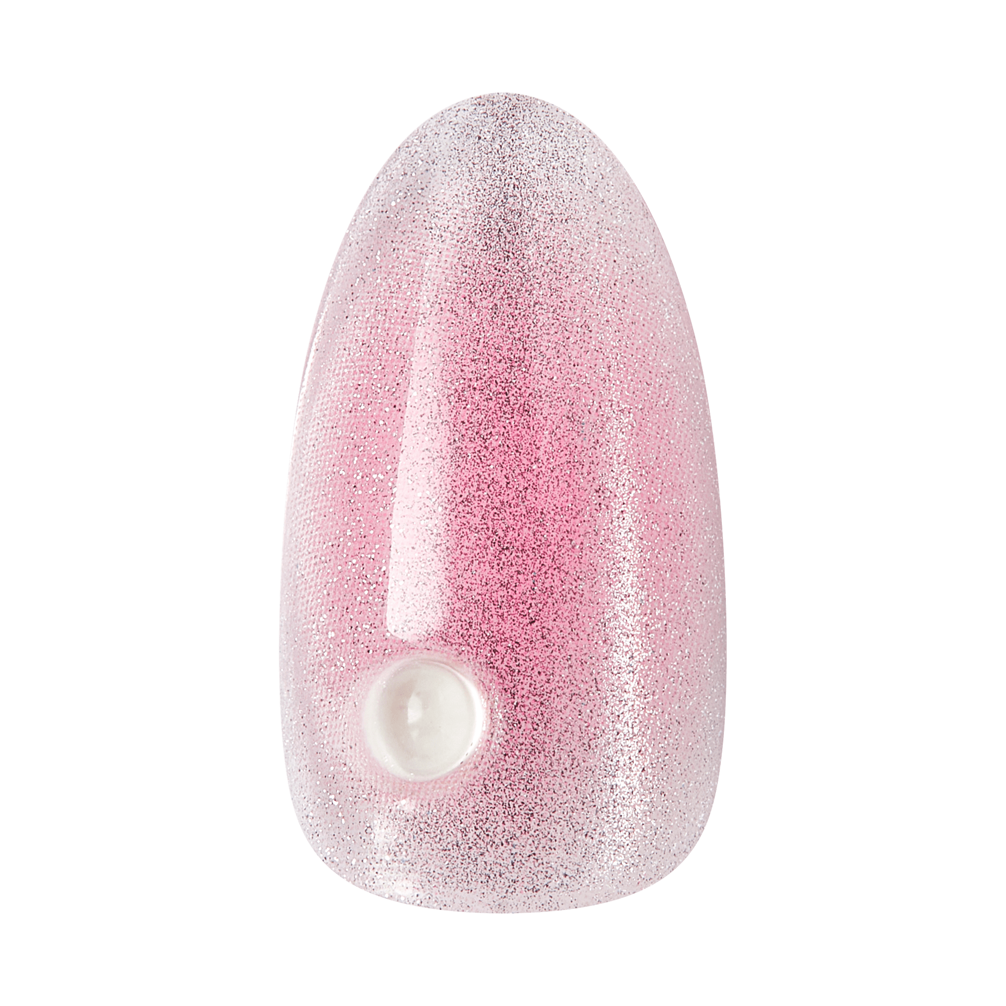 Pink glittery egg-shaped device with white circular button