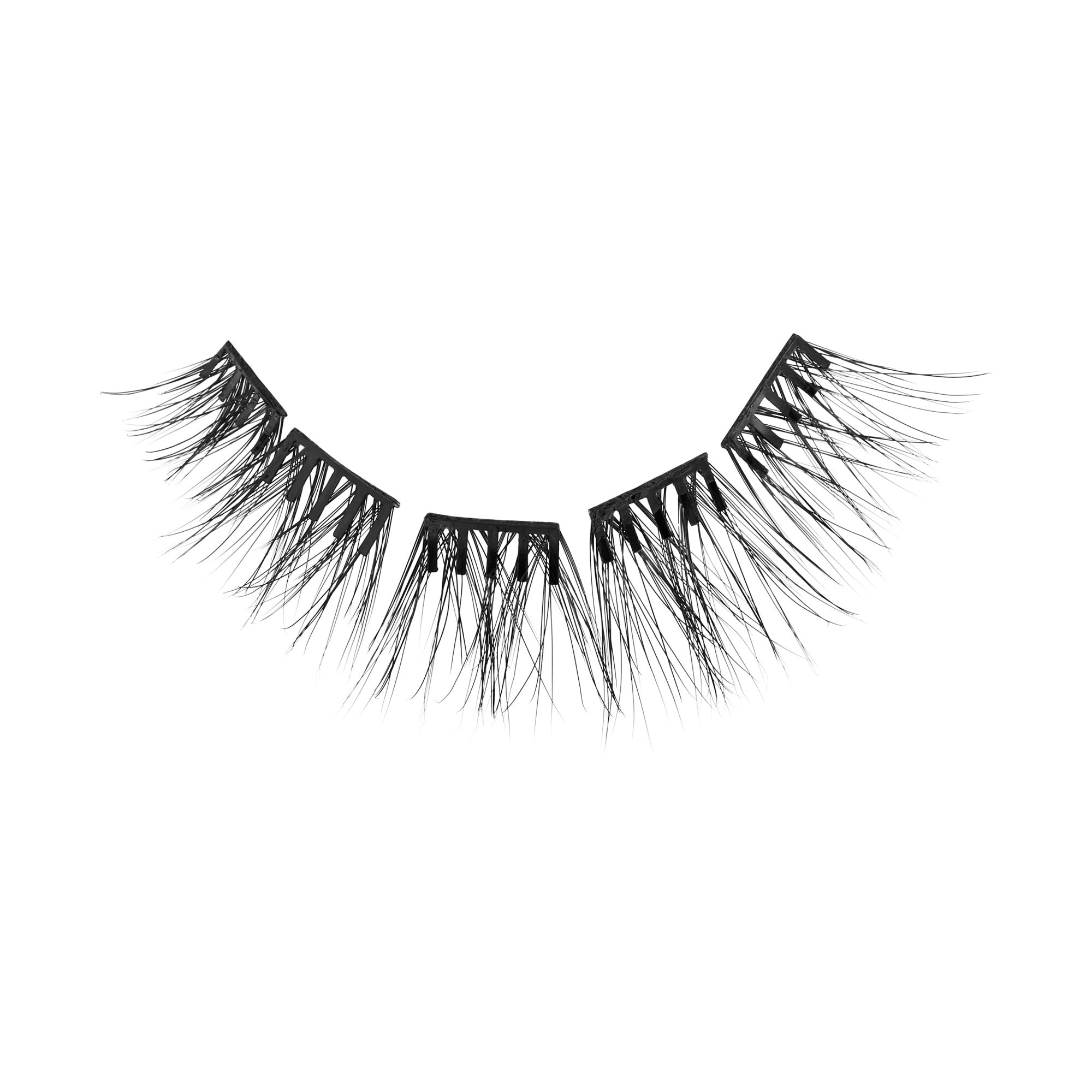 Pair of black false eyelashes with full, layered lashes on white background.