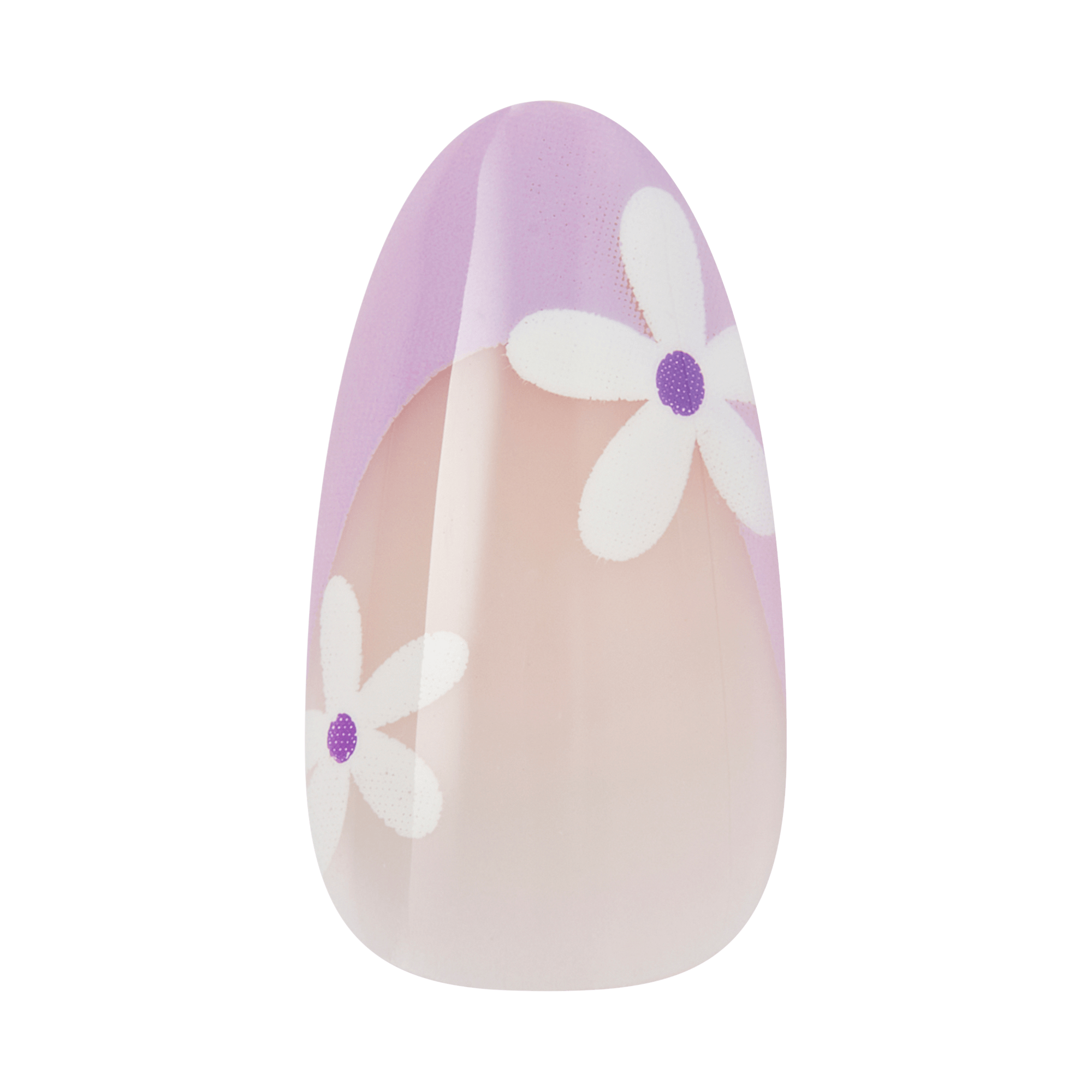 Decorative Easter egg with white flowers and purple centers on pink and lavender gradient background.