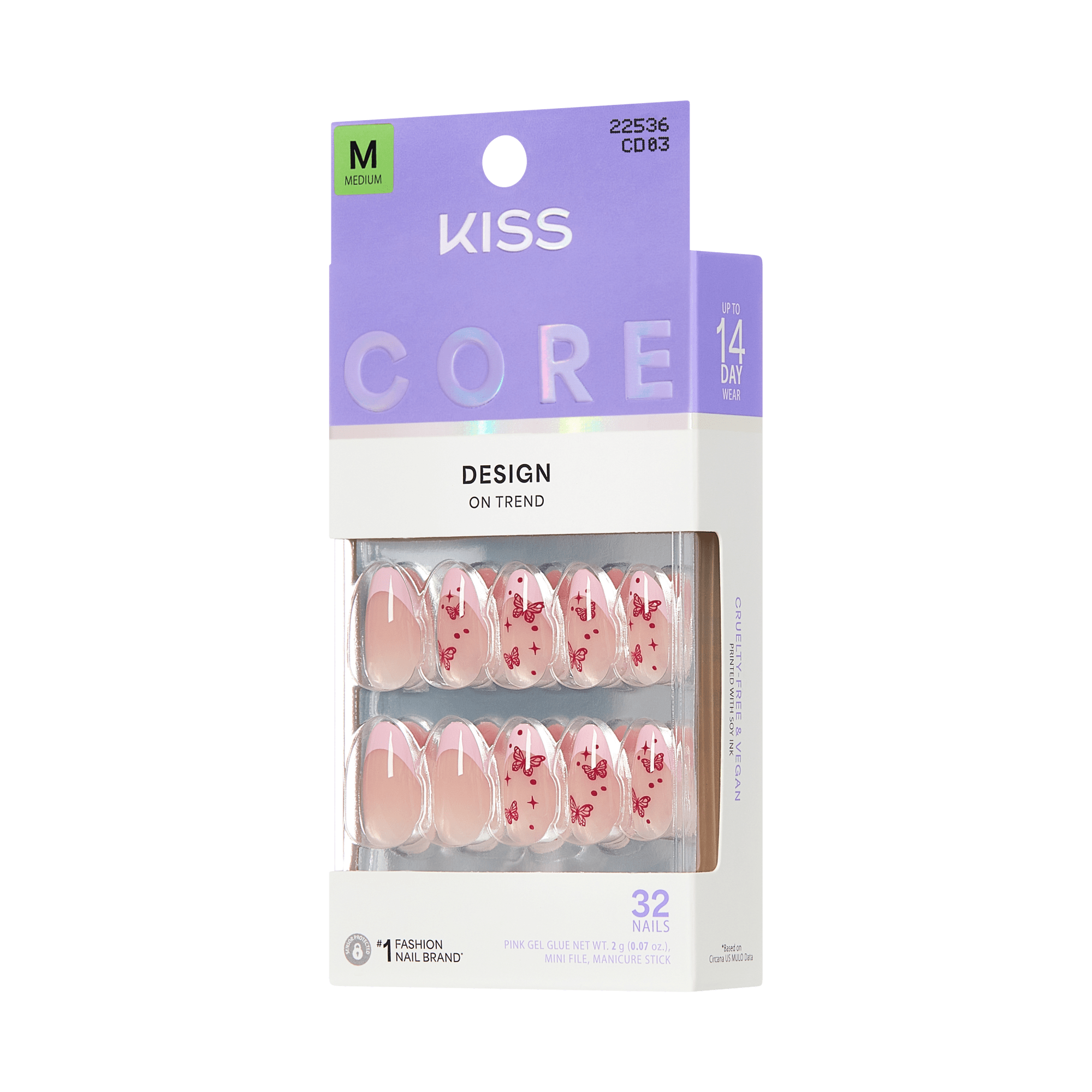 KISS Core Design On Trend press-on nails, medium size, 32 nails with pink butterfly design.