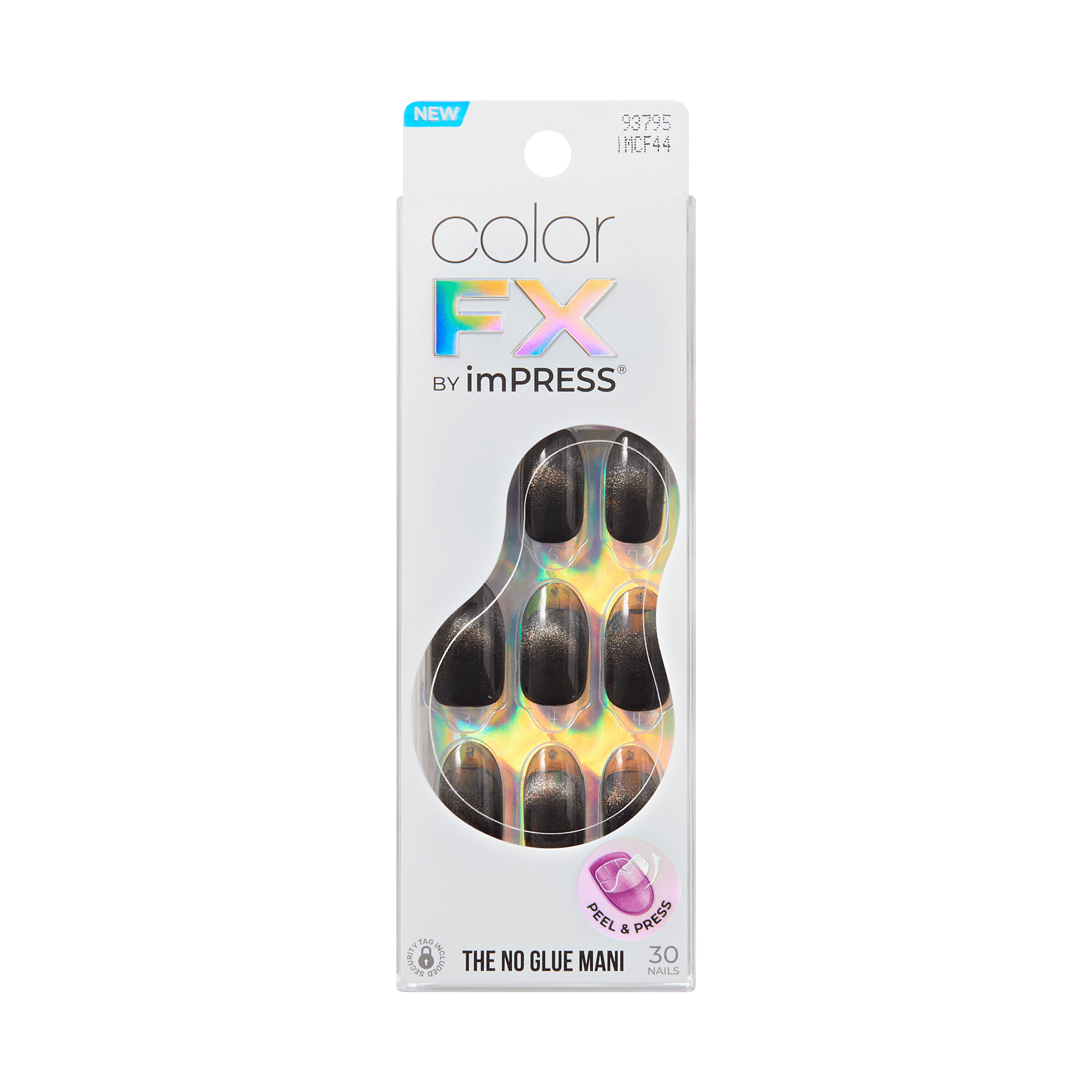 Color FX by imPRESS press-on nails in black with holographic accents, 30 nails.