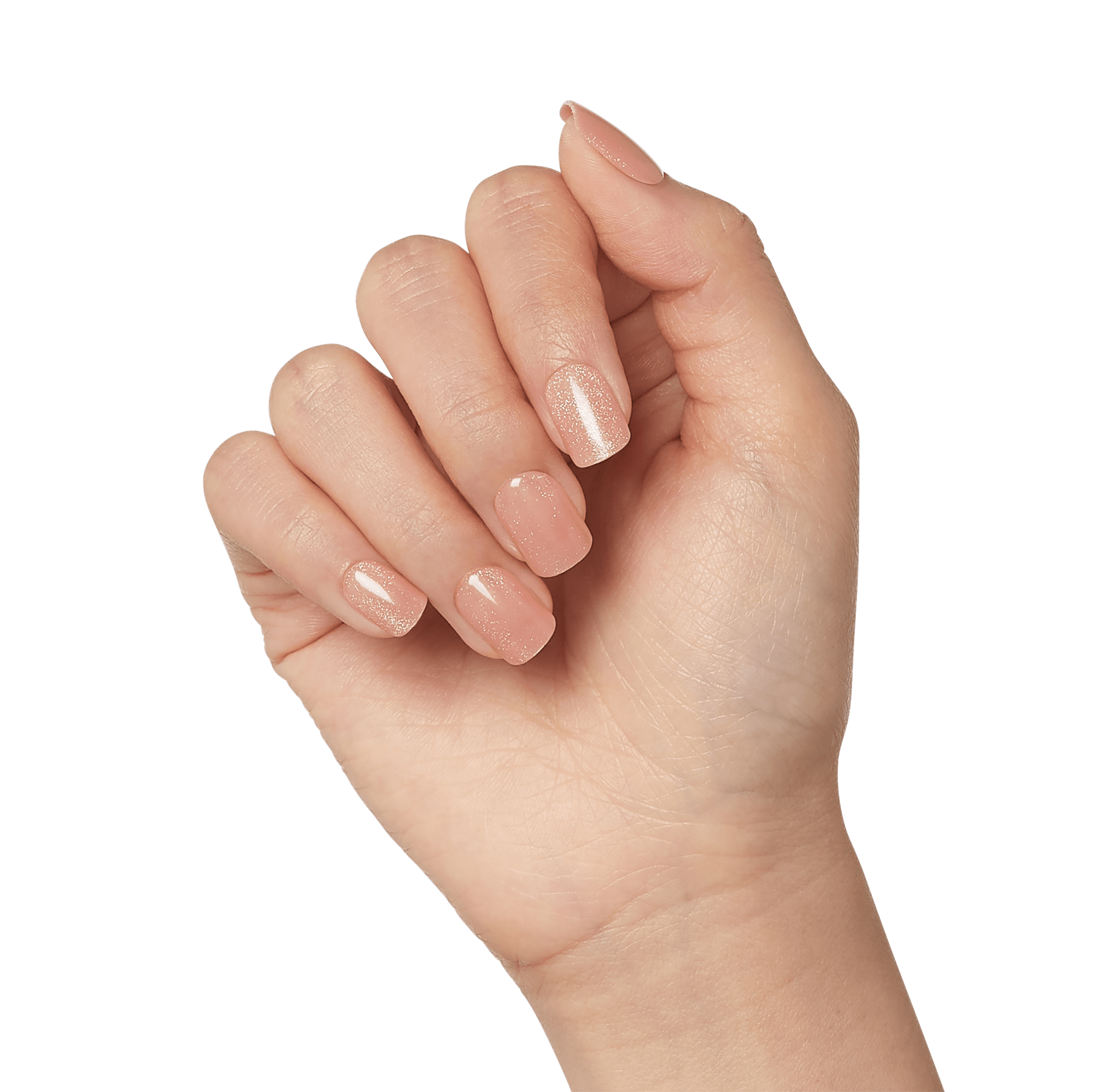 The image shows a close-up of a hand with neatly manicured nails. The nails are painted in a light, nude pink color with a glossy finish. The middle finger nail has a subtle glittery accent, adding a touch of sparkle to the otherwise simple and elegant manicure. The hand is positioned against a plain white background, highlighting the details of the nails.
