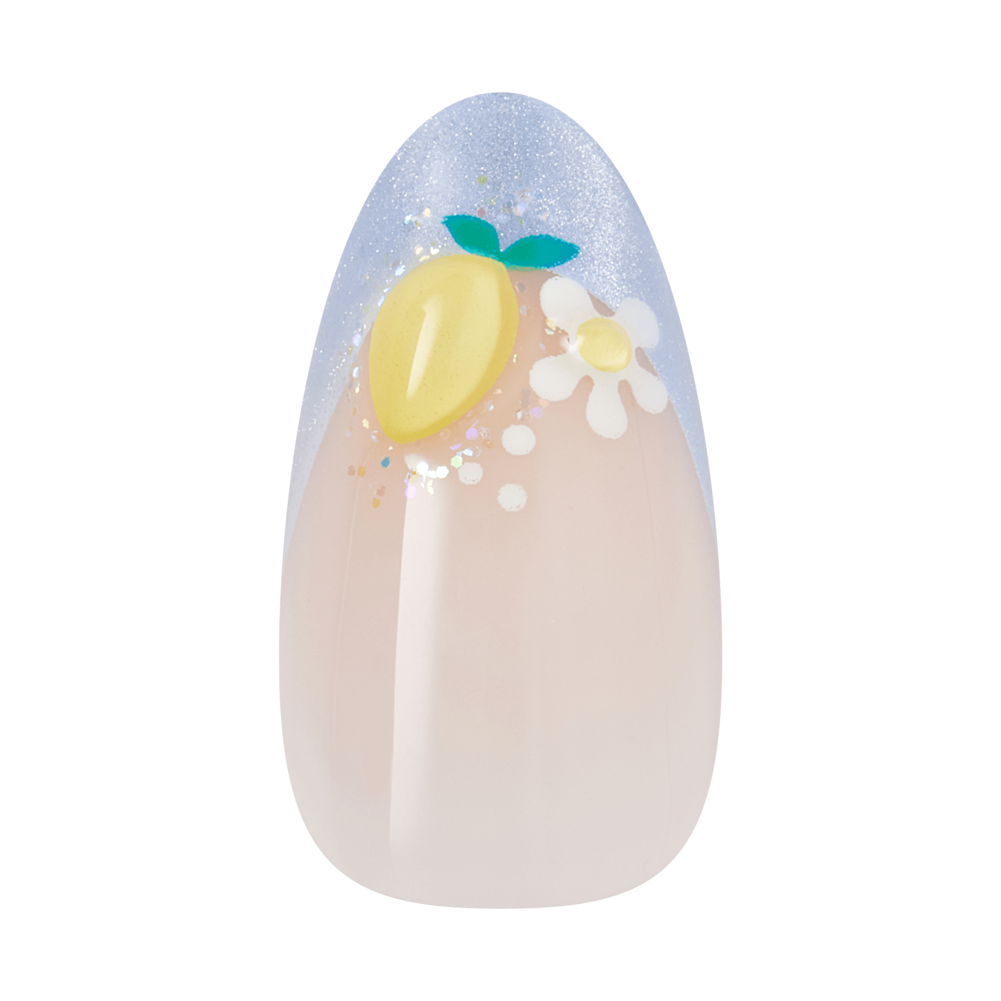 Decorative egg with lemon and daisy design, glittery top, peach base.