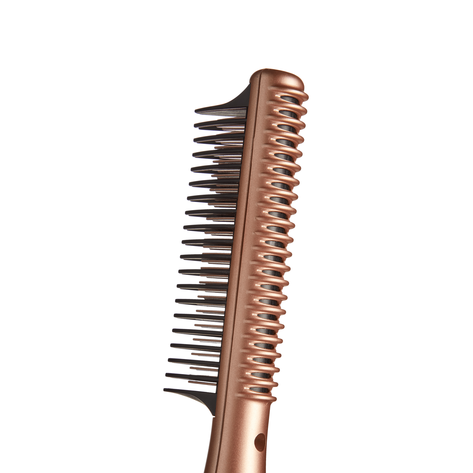 Copper-colored KISS Dry & Style Heat Brush with black bristles, showing a close-up side view of the vented heating element and teeth.