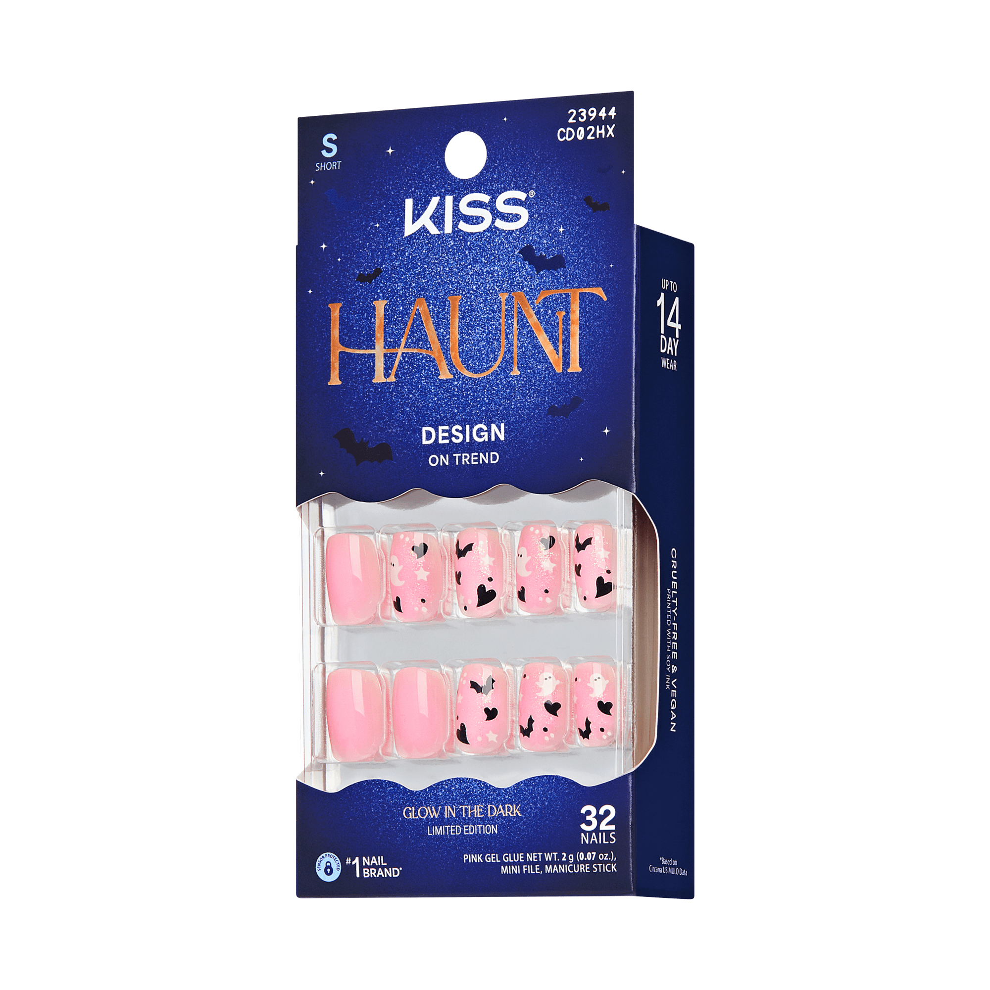 Kiss Haunt Halloween Press On Fake Glue Nails - Trick or Tip | Design, Pink, Short, Squoval, Glow In The Dark