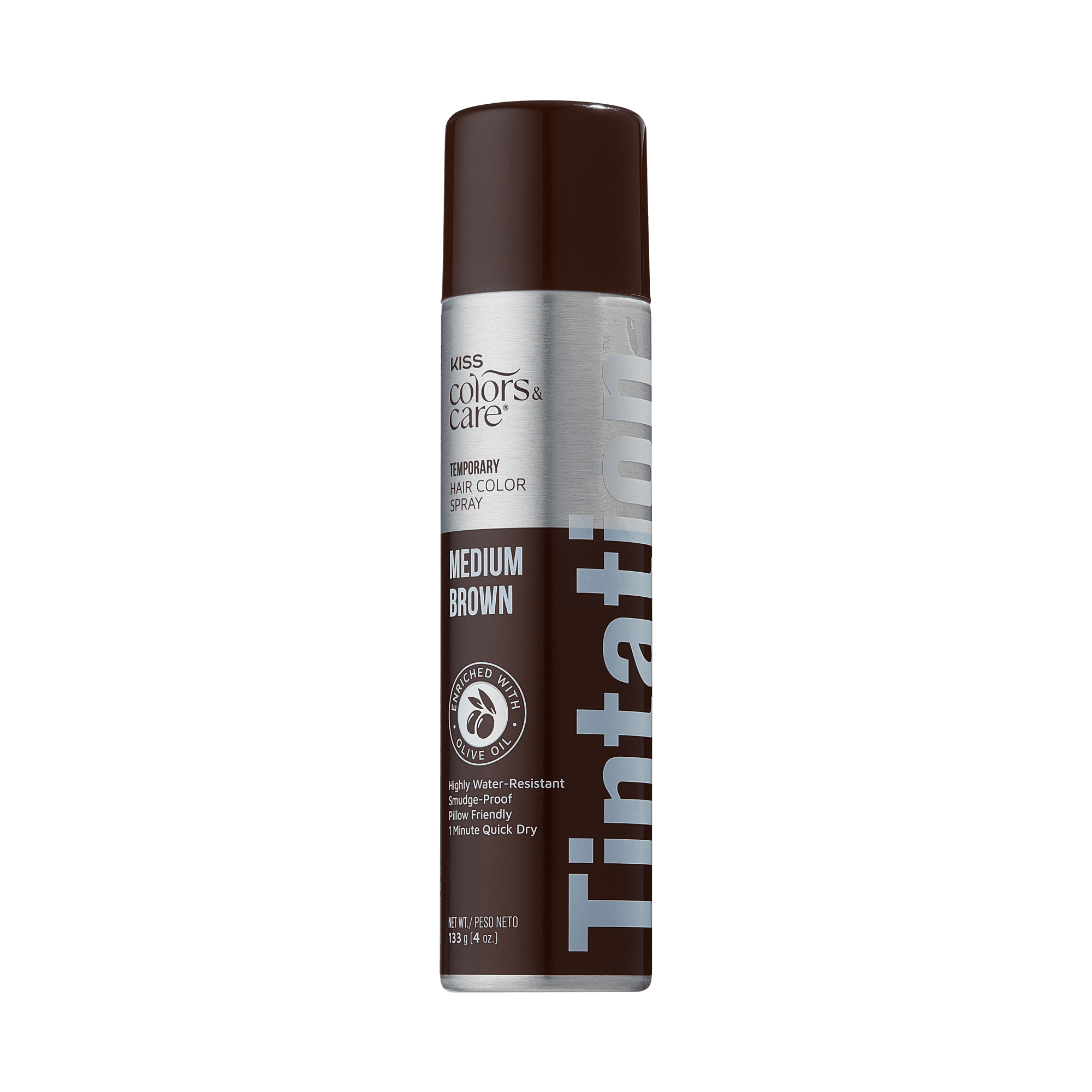 The image features a can of temporary hair color spray from the brand "Miss Colors & Care." The can is labeled "Tintation" and is designed for medium brown hair color. It has a sleek, cylindrical shape with a dark brown cap. The packaging includes a silver label that highlights its features, such as being highly water-resistant and quick-drying. The overall design is modern and appealing, aimed at consumers looking for a temporary hair color solution.