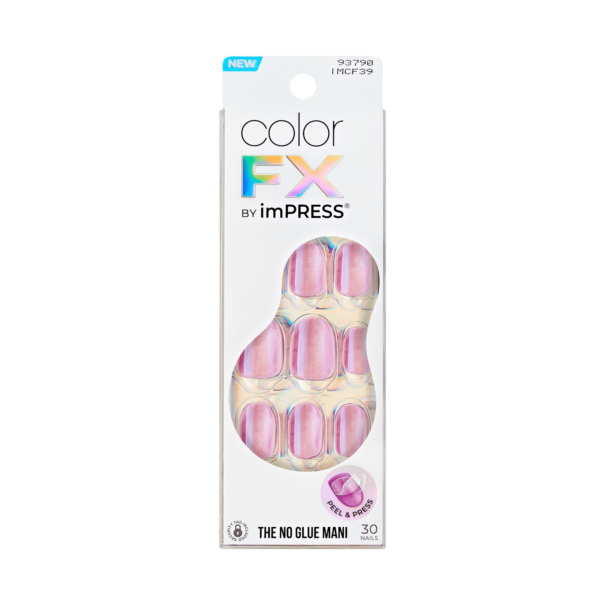 The image features a packaging for a product called "color FX" by imPRESS. The package is designed to hold press-on nails and showcases a set of 30 nails. The nails have a glossy finish with a gradient of pink and iridescent hues. The packaging is sleek and modern, with a clear front that allows visibility of the nails inside. The label highlights that it is a "no glue mani," emphasizing ease of use. The overall design is eye-catching and appealing for those interested in nail art.