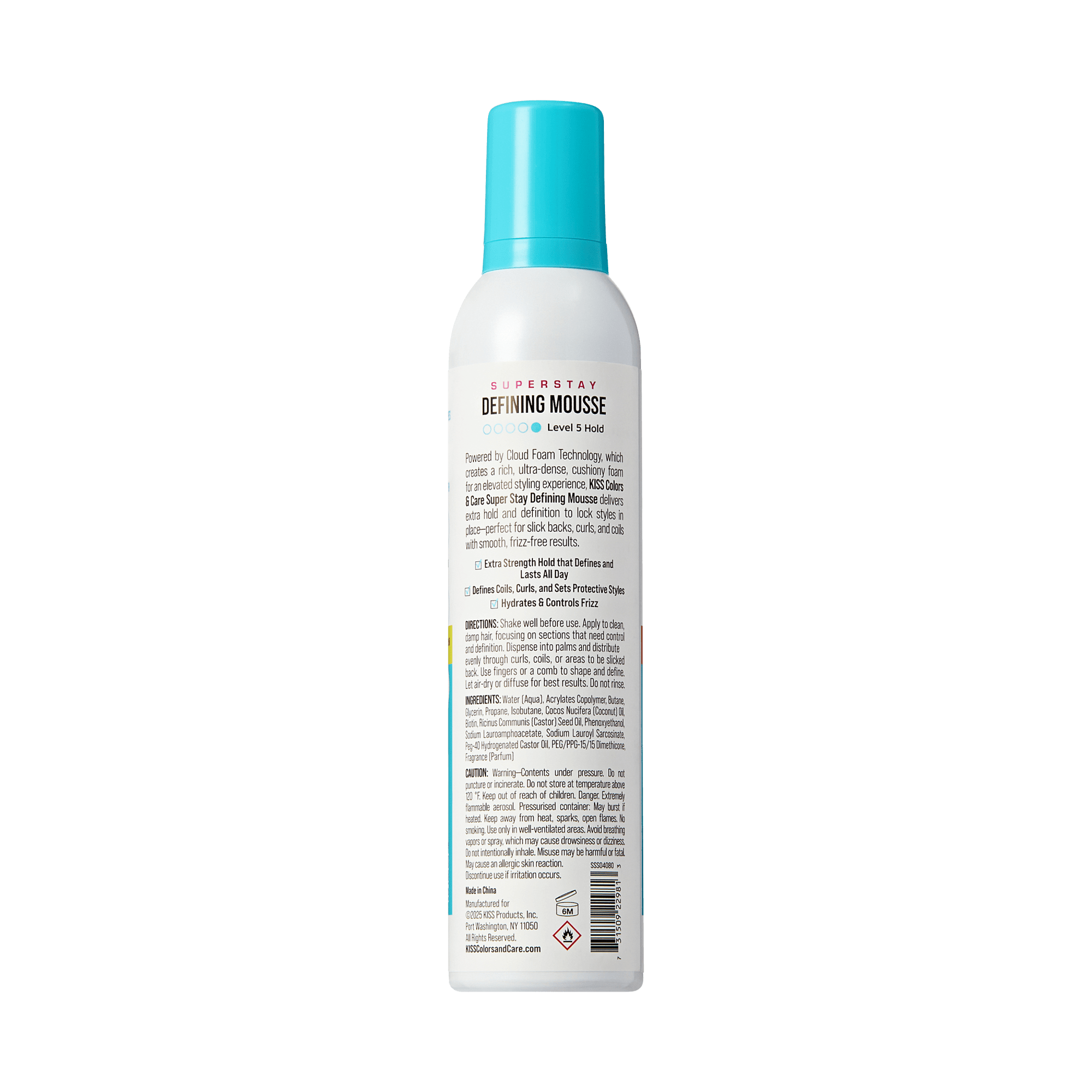 Superstay Defining Mousse bottle with blue cap on a green background