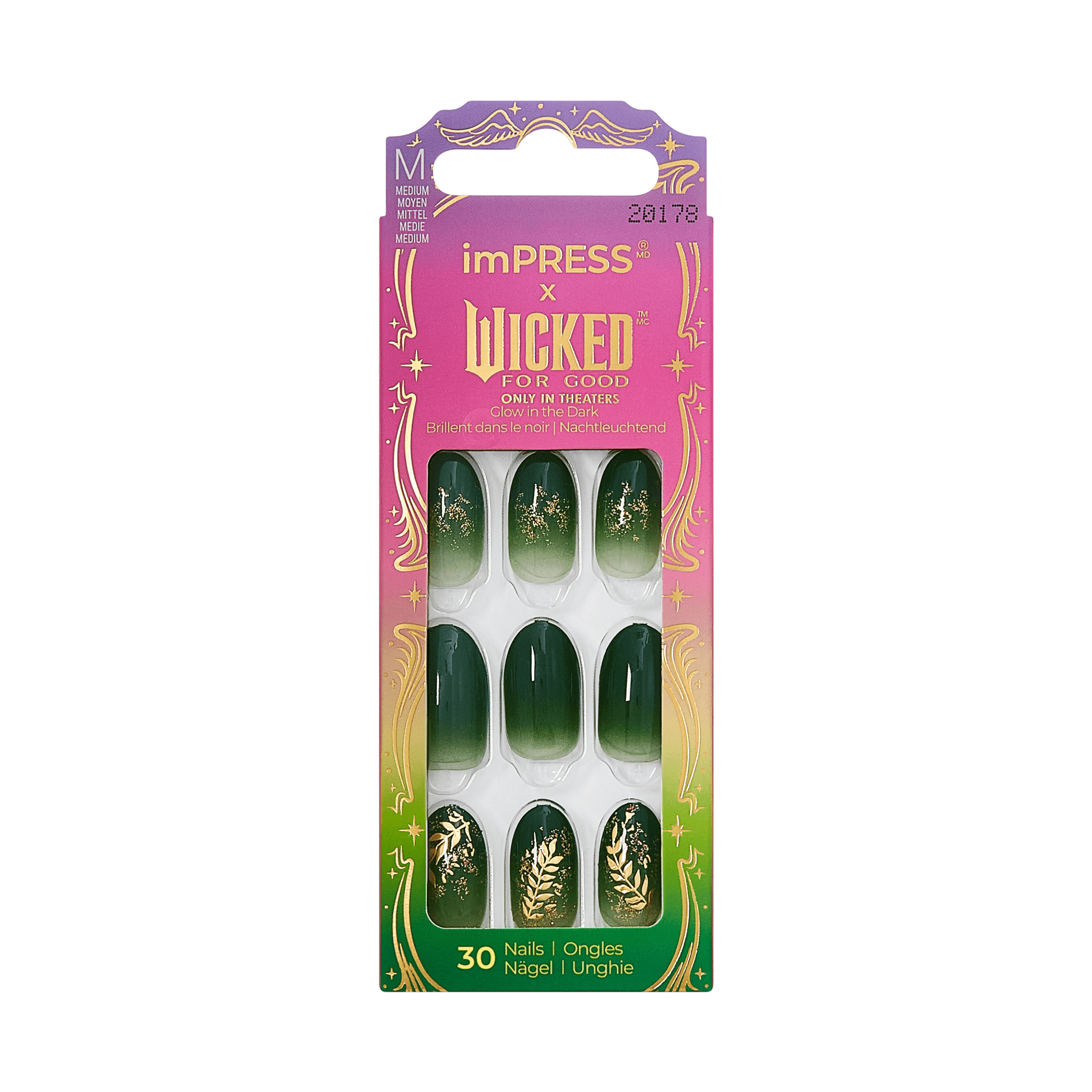 Pack of 30 medium-sized press-on nails in green ombre with gold botanical designs, packaged in a purple-to-green box labeled \