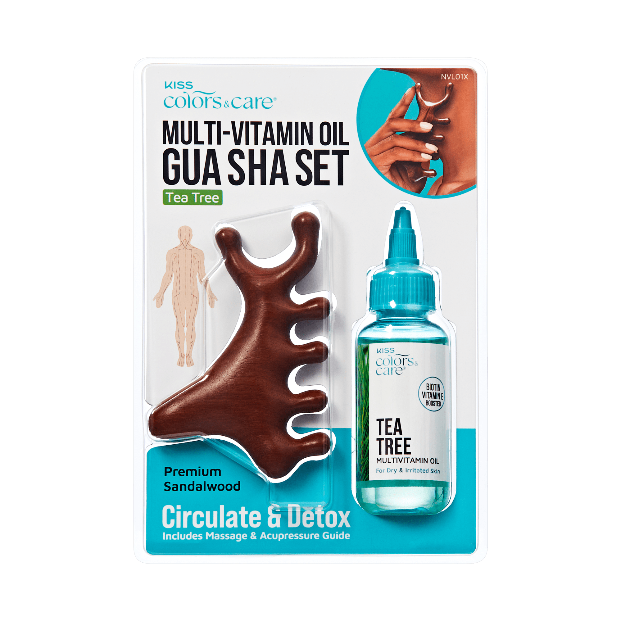 KISS Colors & Care Tea Tree Multivitamin Oil and dark wood Gua Sha tool set in clear packaging, labeled "Circulate & Detox" with massage guide included.
