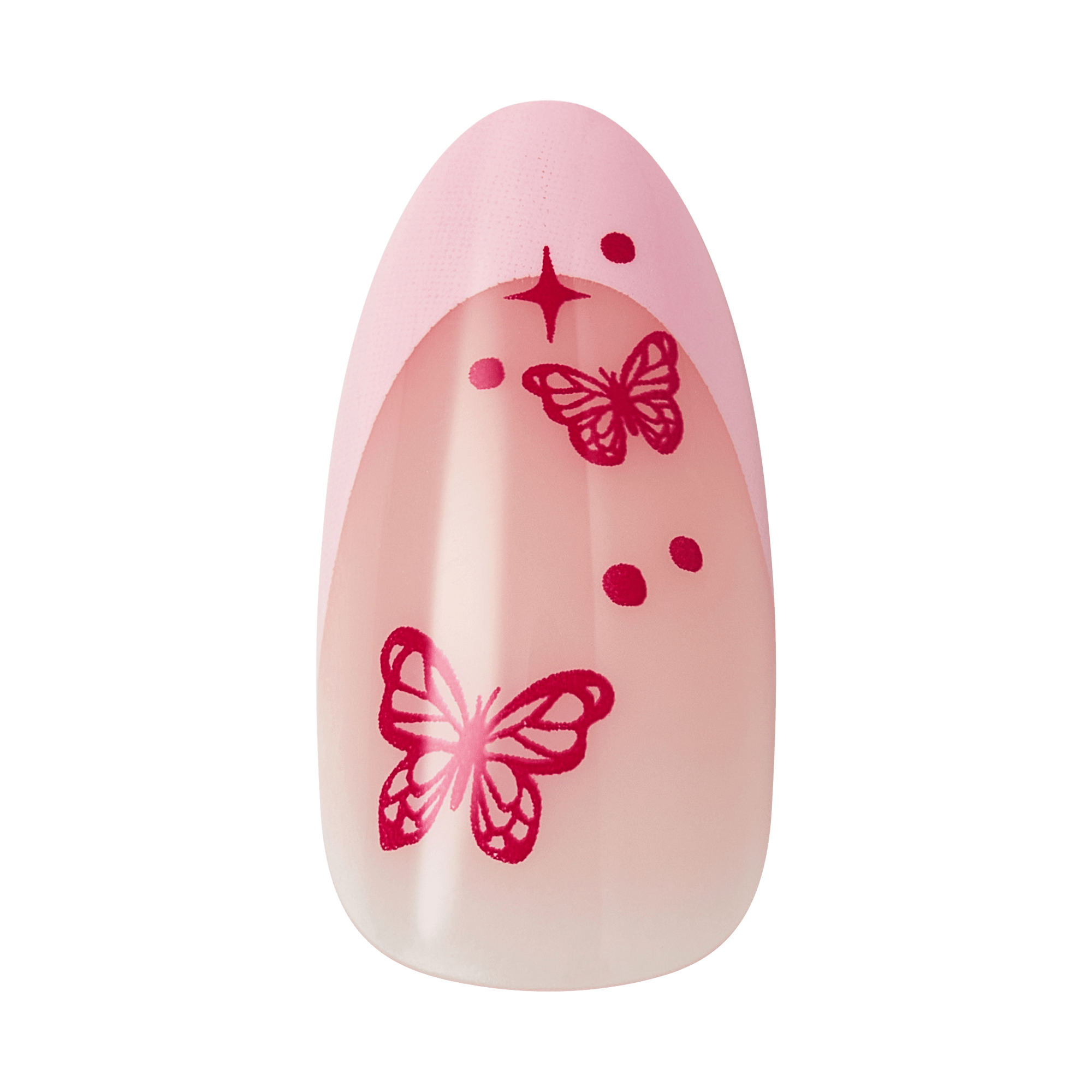 Almond-shaped nail with pink ombre design and red butterfly and star decorations.