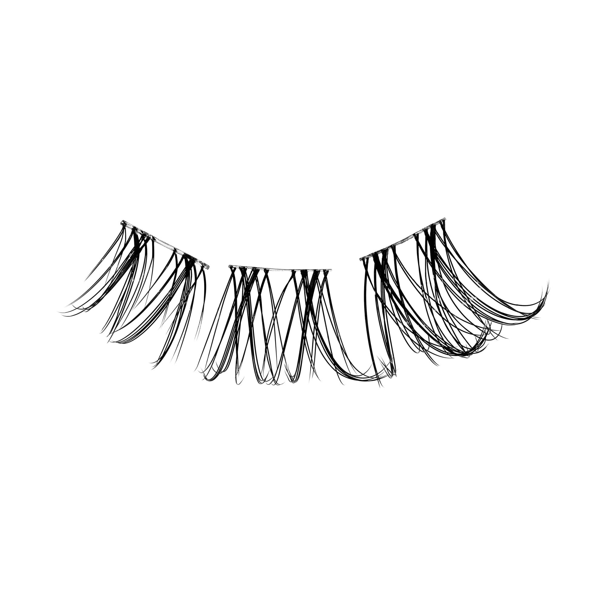 The image features a pair of false eyelashes. They are long and wispy, with a delicate, feathery appearance. The lashes are arranged in a way that creates a natural look, with varying lengths that add volume and dimension. The background is plain white, emphasizing the intricate details of the lashes.