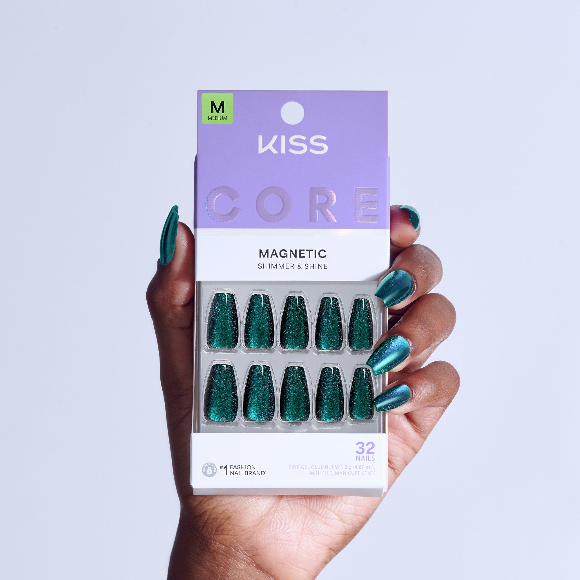 KISS Core Magnetic Shimmer & Shine press-on nails in teal, size medium, 32 count.