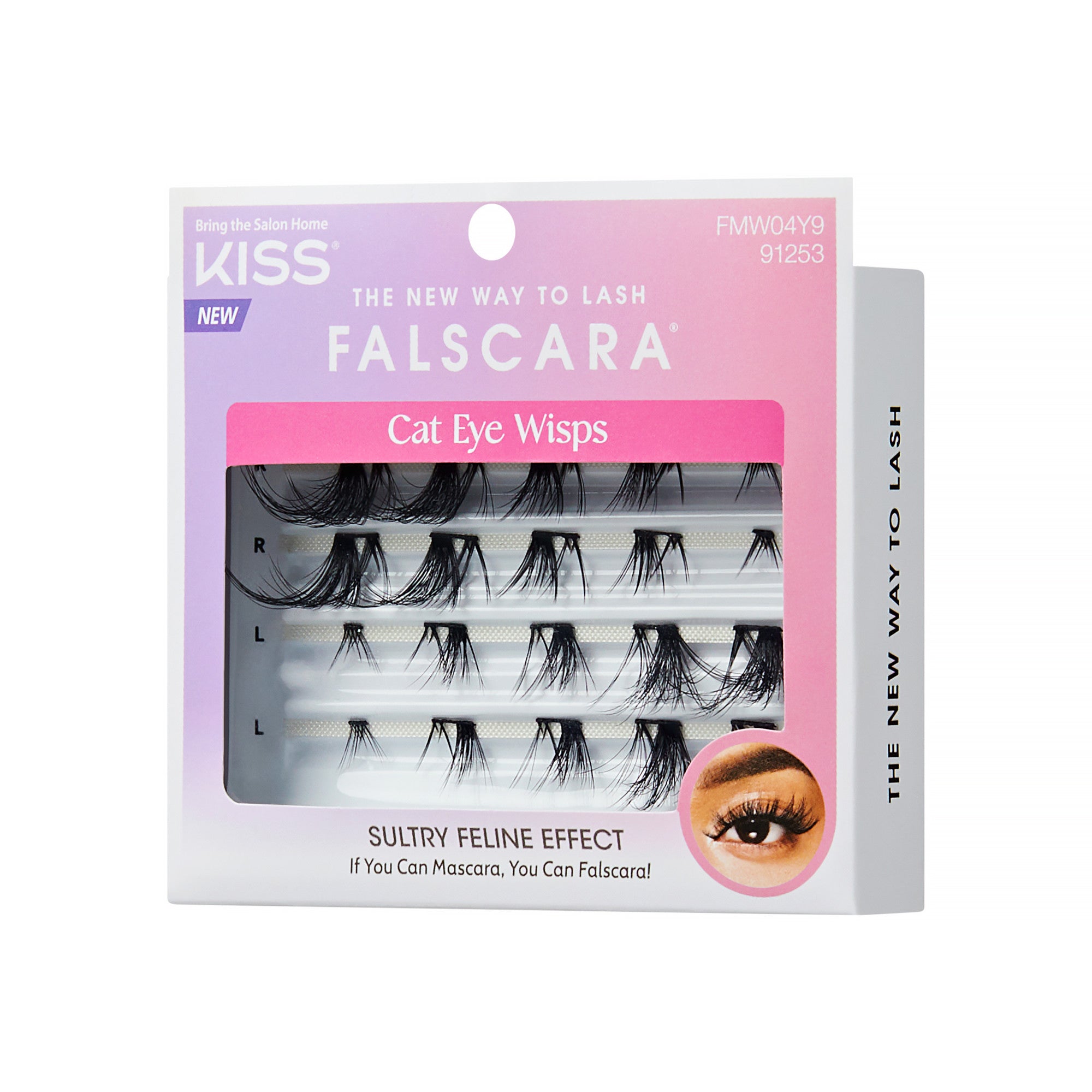 KISS Falscara Cat Eye Wisps false lashes package with sultry feline effect display
