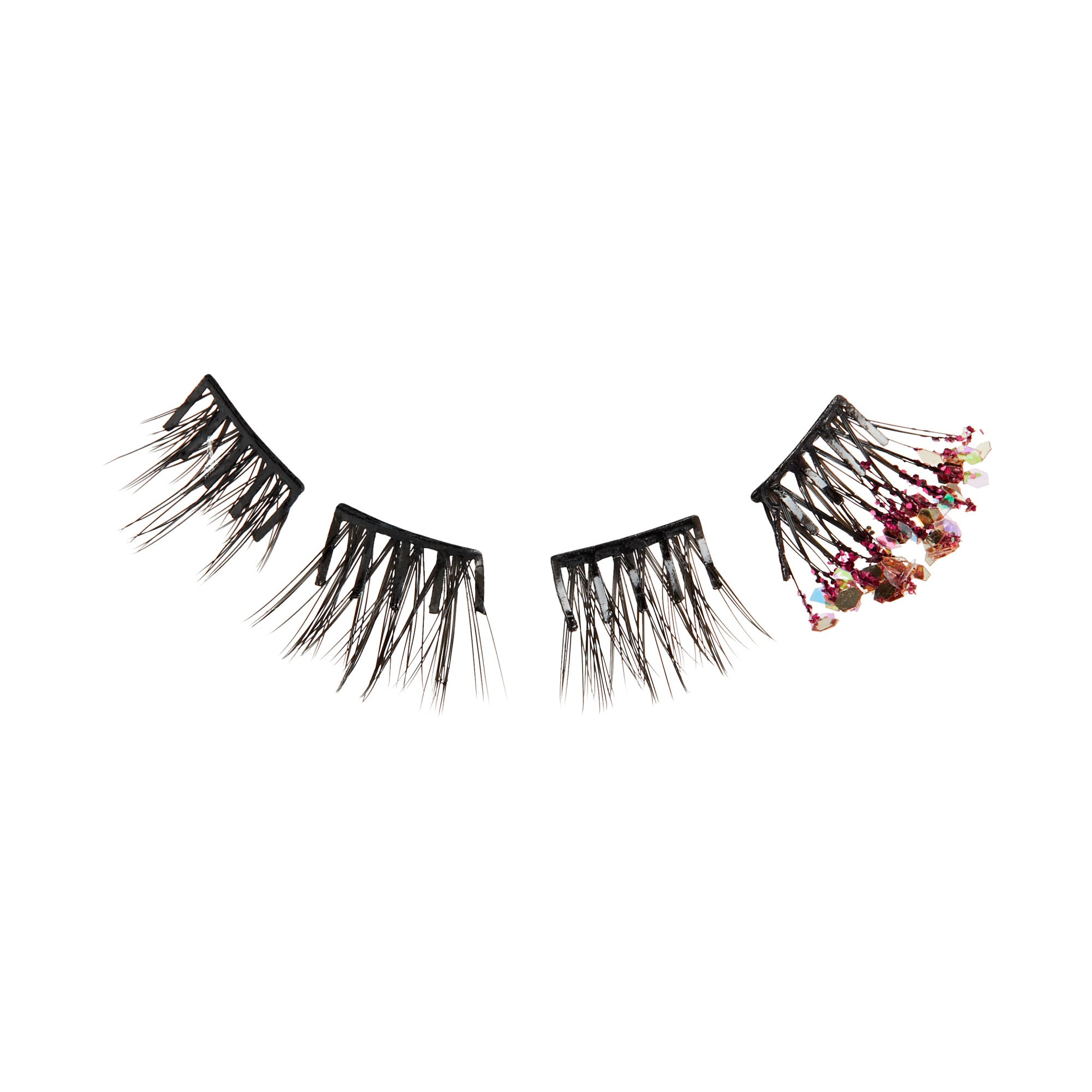 Four false eyelashes with black bands and varying lengths, one pair decorated with colorful beads.