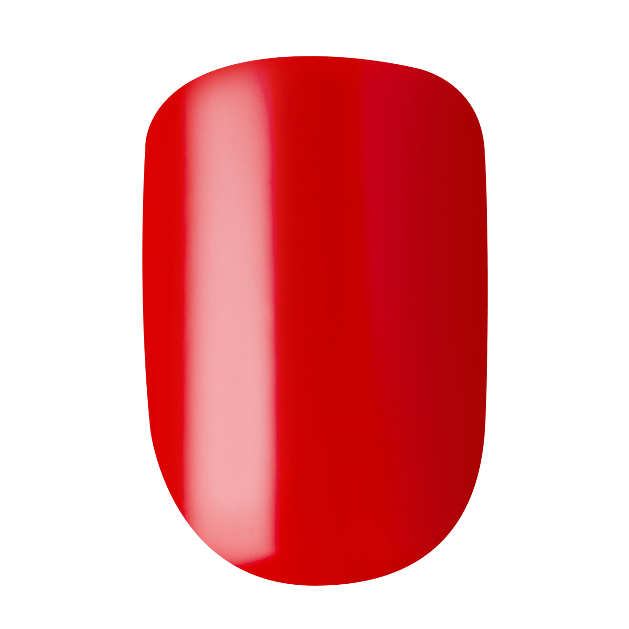 Bright glossy red press-on nail with a rounded square shape, representing the \