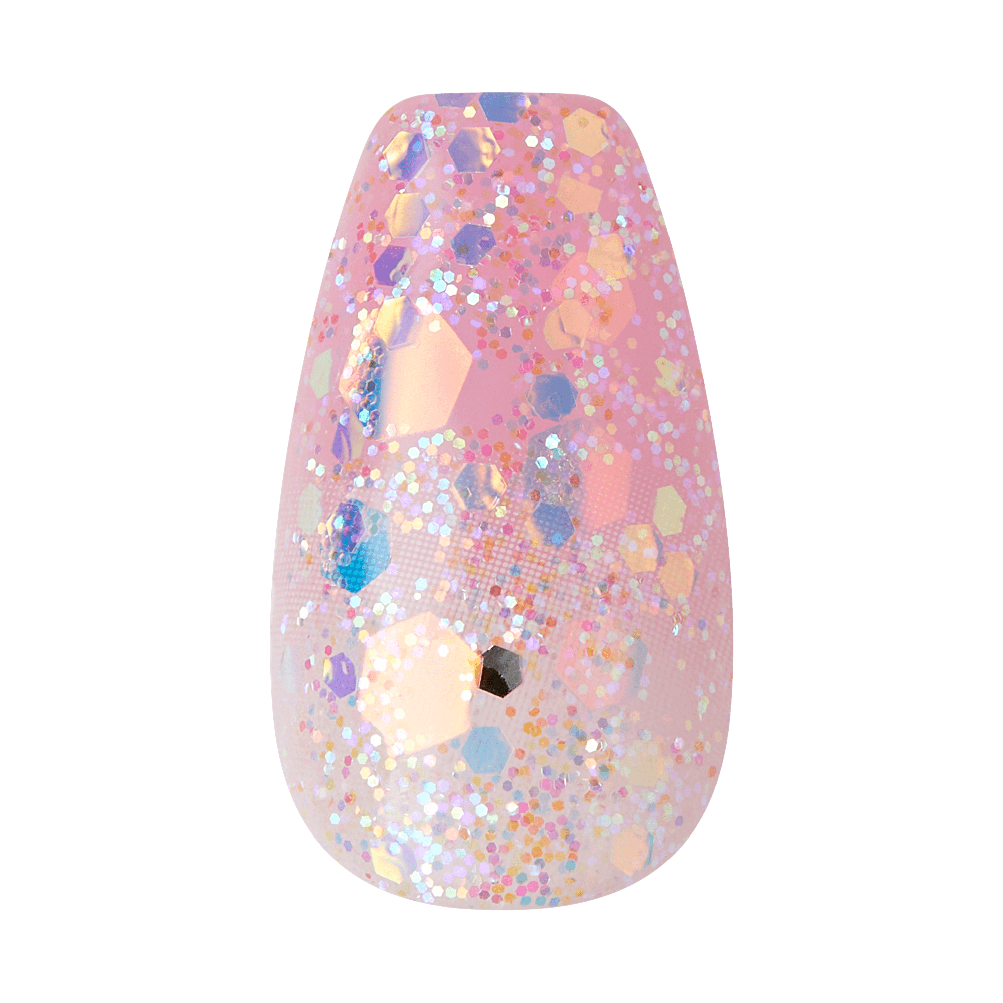 The image shows a single artificial nail with a glossy, multi-colored glitter design. The nail features a pink base with an array of hexagonal and circular glitter pieces in various sizes. The glitter pieces reflect light, creating a sparkling effect with colors such as blue, purple, gold, and silver. The overall appearance is vibrant and eye-catching, suitable for decorative or fashion purposes.