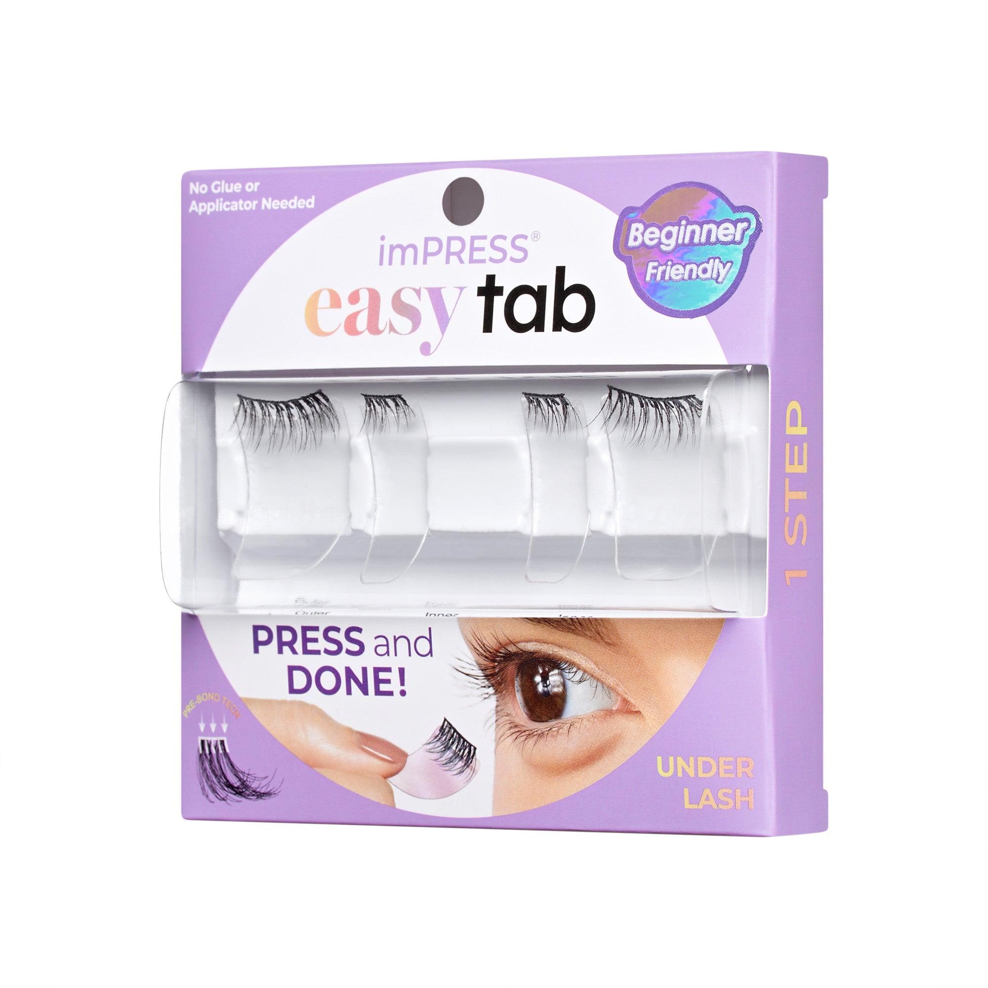 The image features a product packaging for imPRESS easy tab false eyelashes. The box is predominantly purple and includes the text "Beginner Friendly" and "1 STEP" prominently displayed. It highlights that no glue or applicator is needed for application. The packaging showcases a clear window that reveals the false eyelashes inside, which are designed for under lash application. The phrase "PRESS and DONE!" is also featured, emphasizing the simplicity of the product.