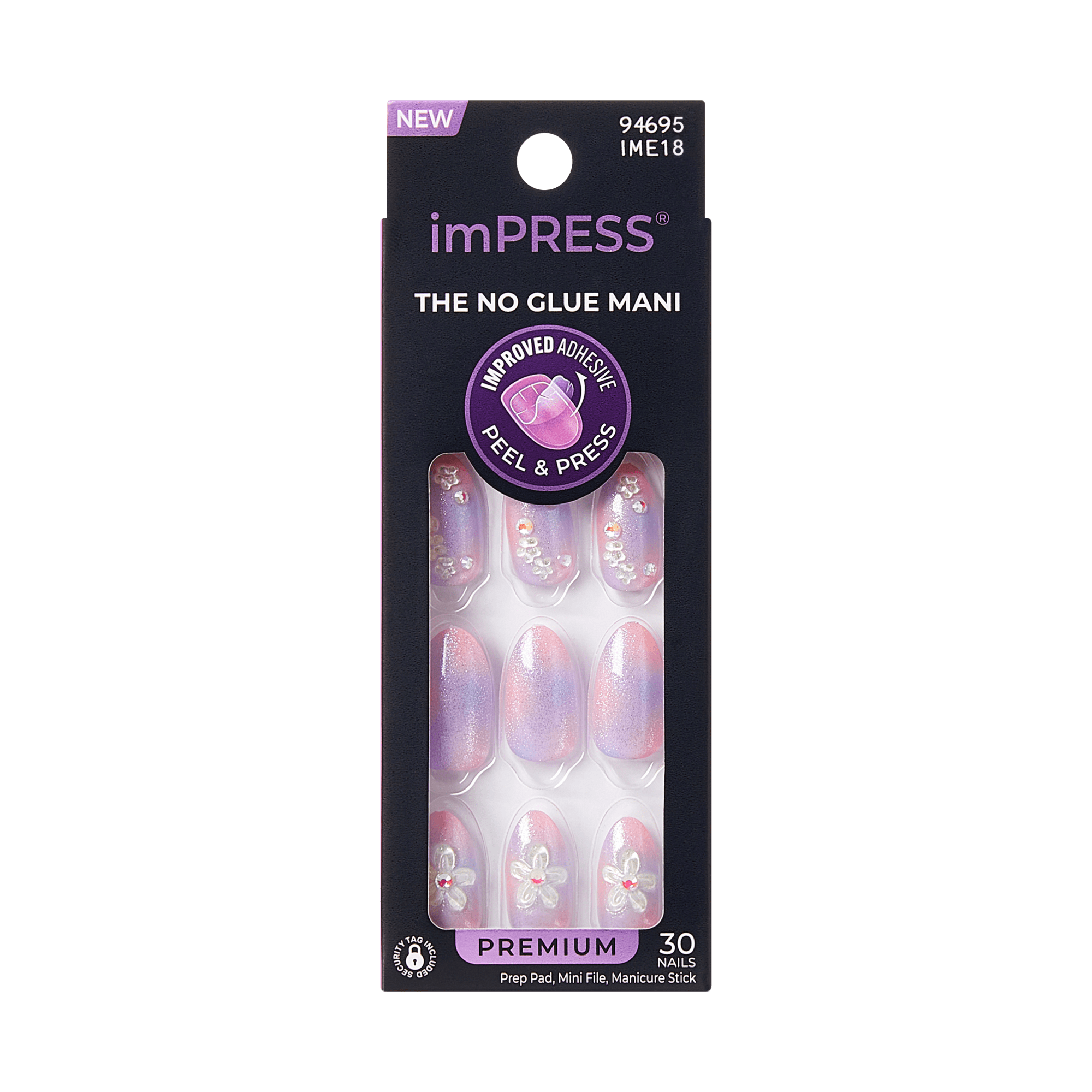 imPRESS The No Glue Mani press-on nails with improved adhesive in pink and purple.