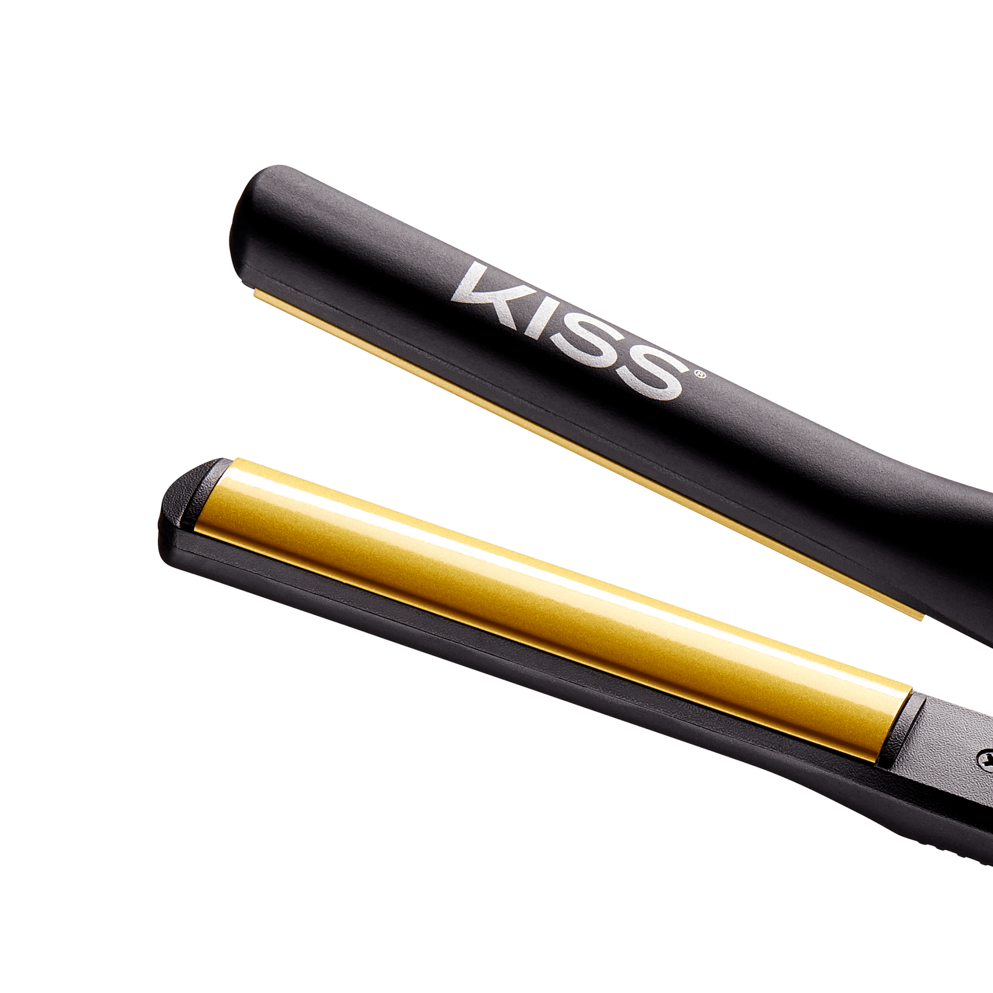 Black KISS Tourmaline Ceramic Flat Iron with gold-colored 1/2-inch plates, shown open to reveal smooth styling surfaces and brand name on handle.