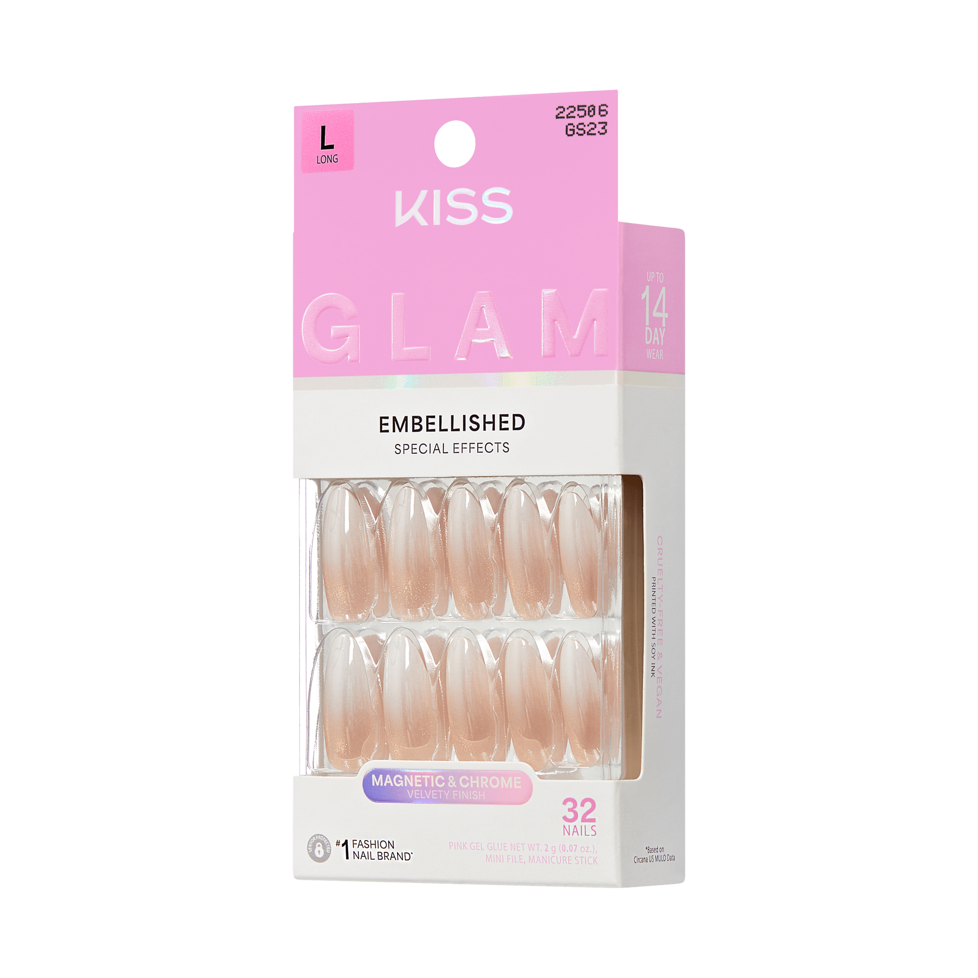 KISS Glam Embellished Nude Long Press-On Nails with Magnetic Chrome Effect, 32 Count