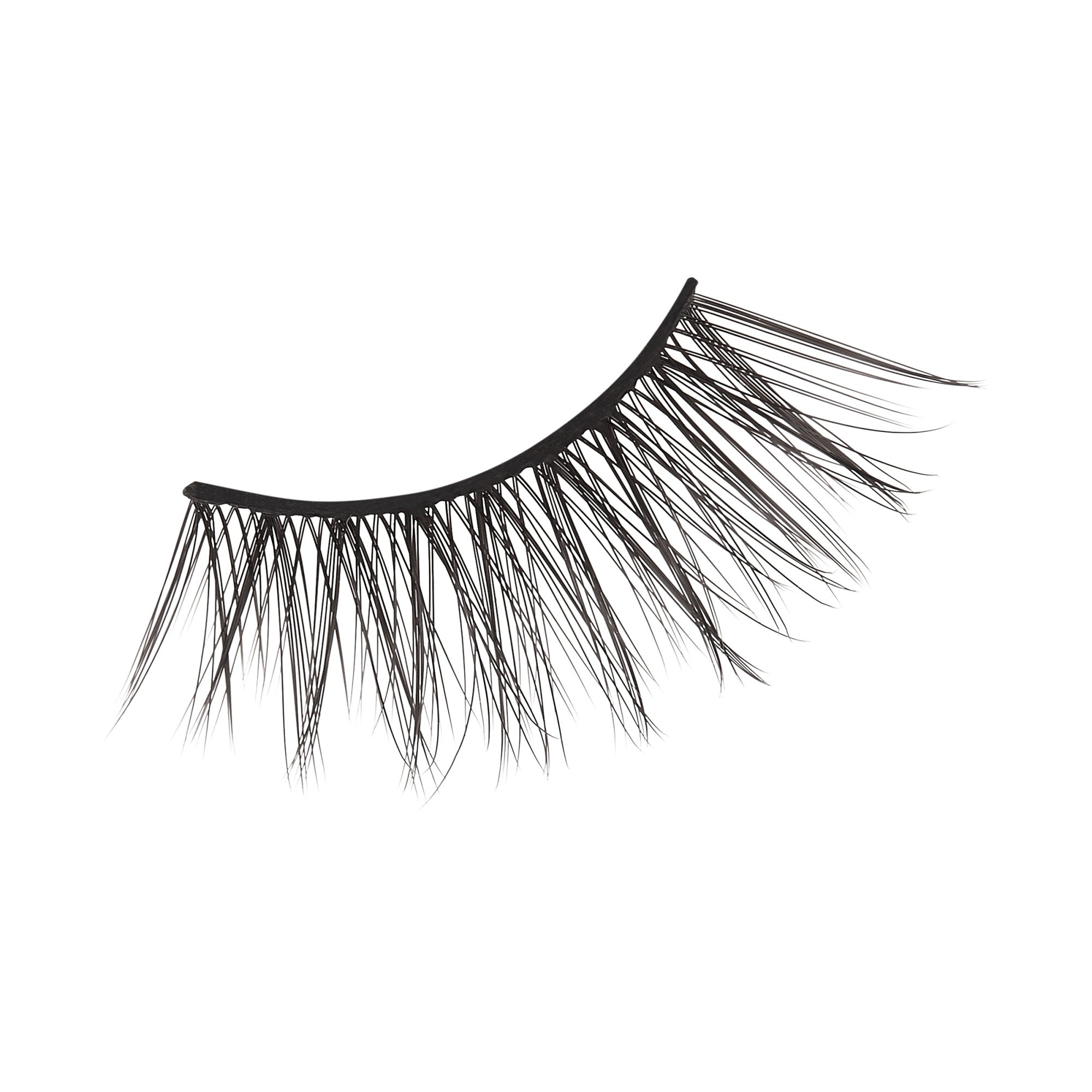 Single black magnetic false eyelash with a natural, wispy style and fine tapered ends shown against a white background.