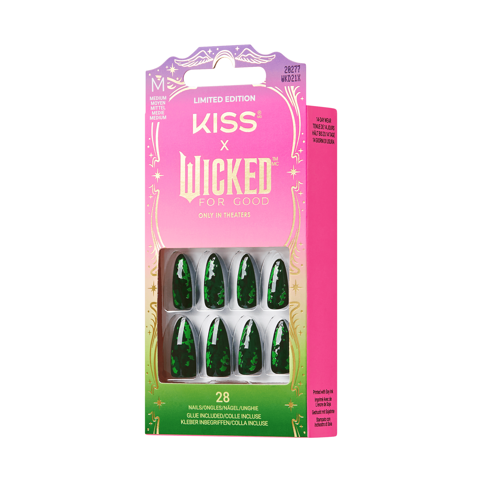 KISS x WICKED limited edition set of 28 medium-sized green sparkly press-on nails with glue, displayed in pink-to-green packaging with gold decorative text.