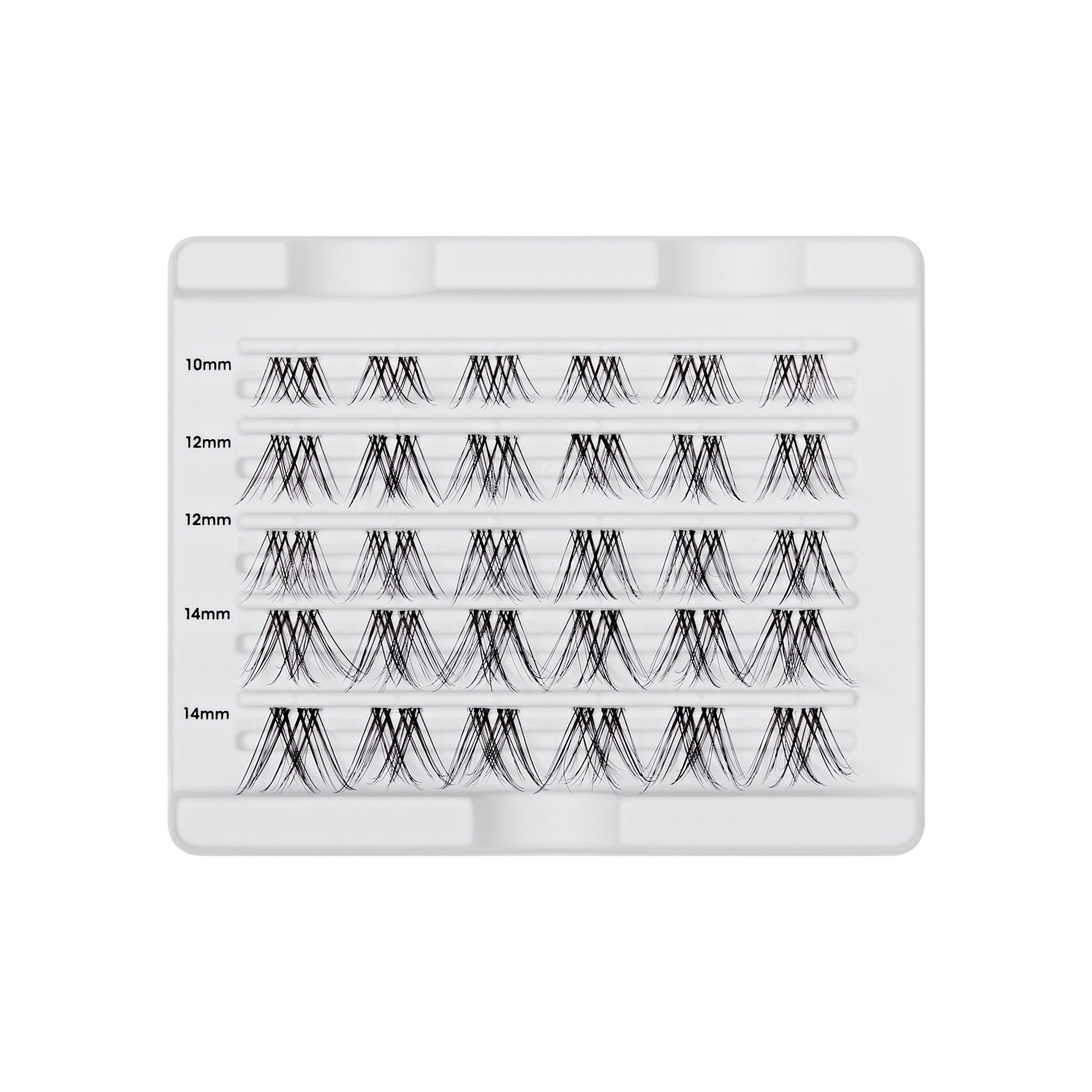 The image features a clear plastic tray containing individual false eyelashes arranged in rows. The lashes vary in length, with labels indicating their sizes: 10mm, 12mm, and 14mm. The lashes are black and appear to be designed for enhancing the natural look of eyelashes, suitable for use in beauty applications such as eyelash extensions. The organized layout allows for easy selection and application.